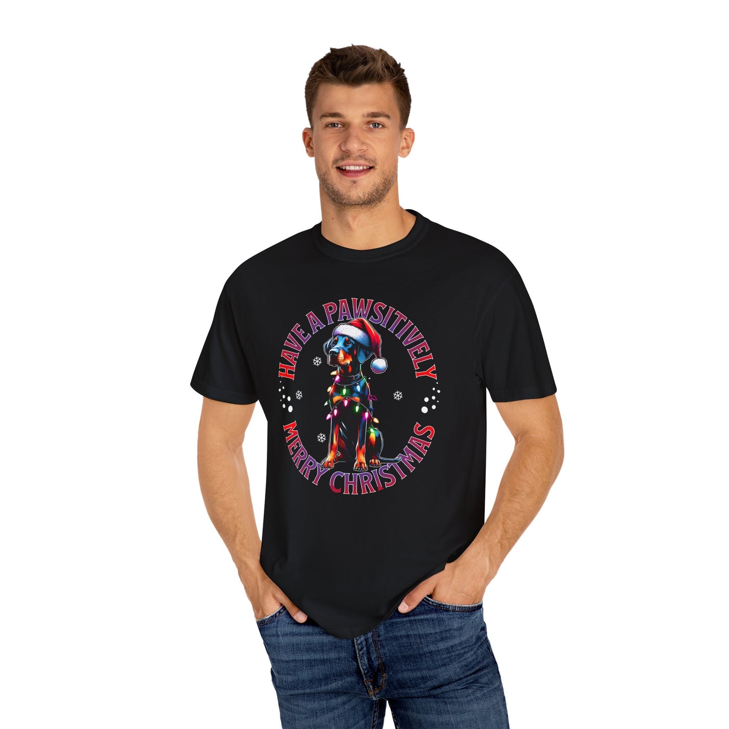 Christmas Dog T-Shirt  Doberman— "Have a Pawsitively Merry Christmas" Holiday Tee