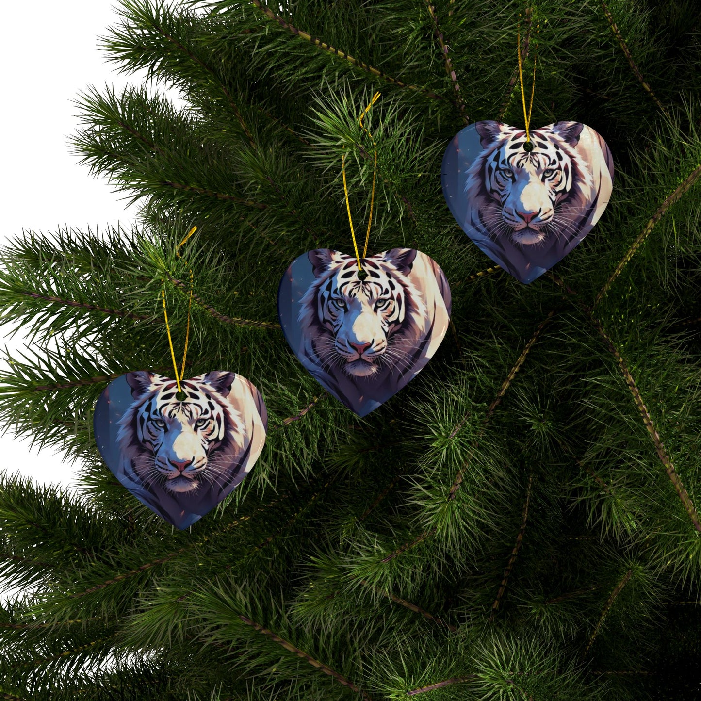 White Tiger Ceramic Ornament — Double-Sided Wildlife Holiday Decoration