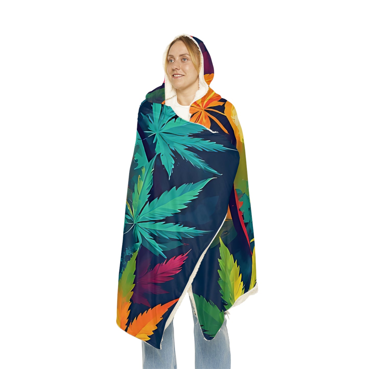 Hooded Blanket — Rainbow Smiley with Cannabis Leaf Cozy Throw