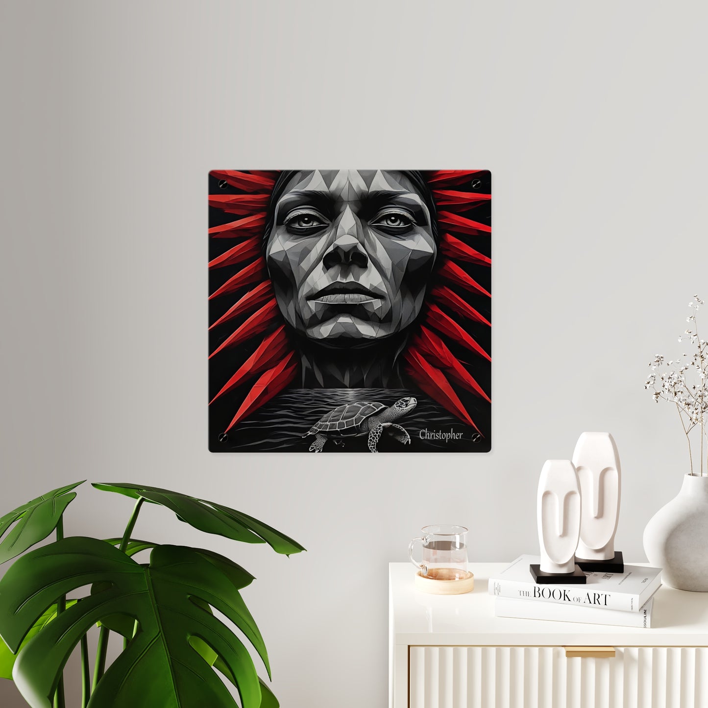 Acrylic Wall Art Panel — Geometric Tribal Face with Red Feather Headdress