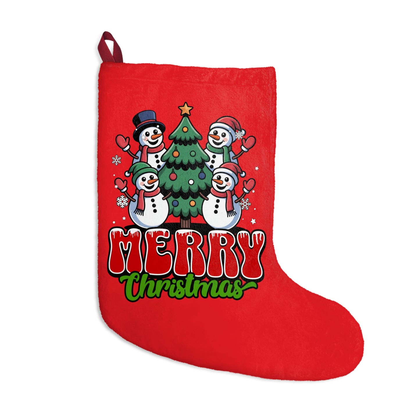 Merry Christmas Stocking – Red Holiday Stocking with Snowman Tree Design
