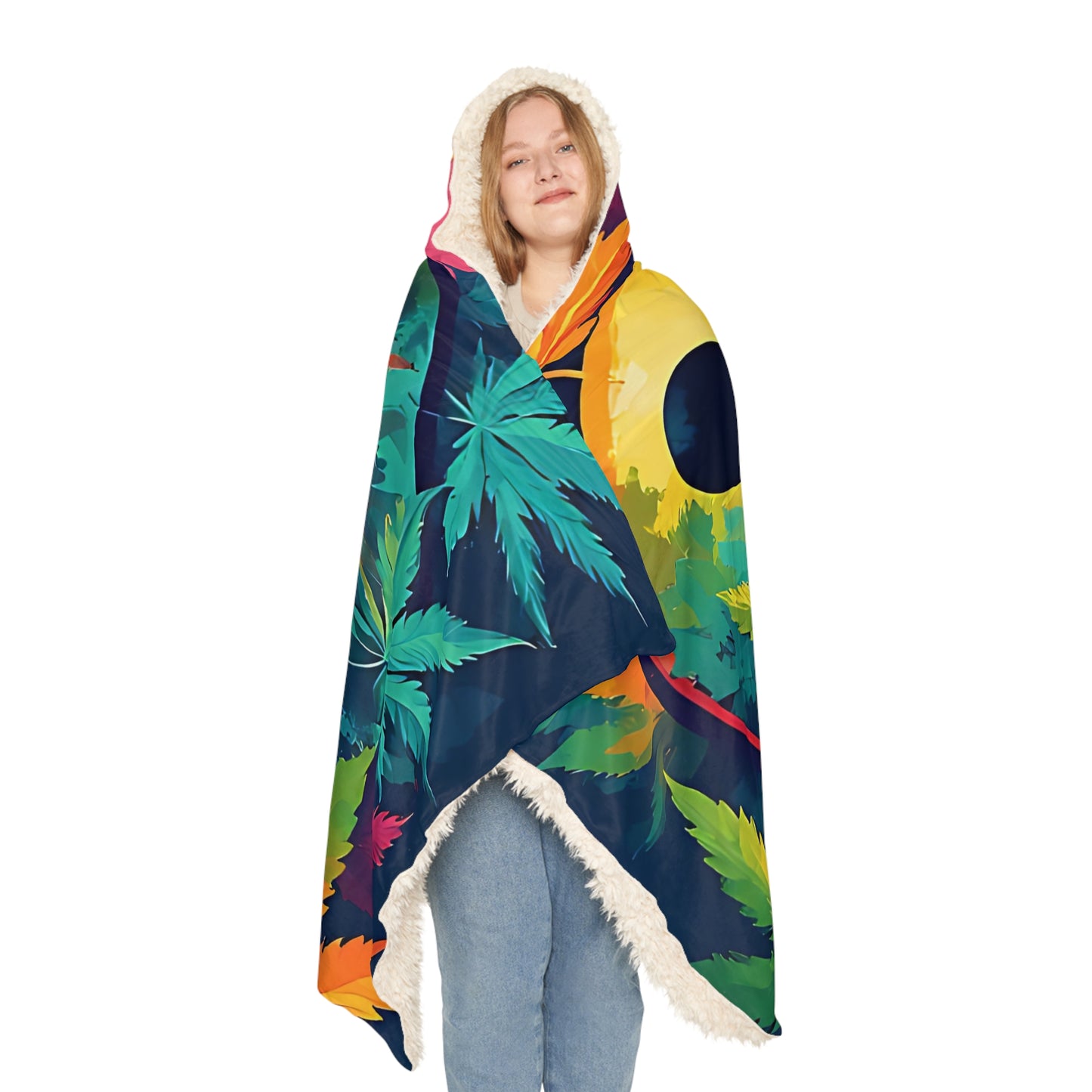 Hooded Blanket — Rainbow Smiley with Cannabis Leaf Cozy Throw