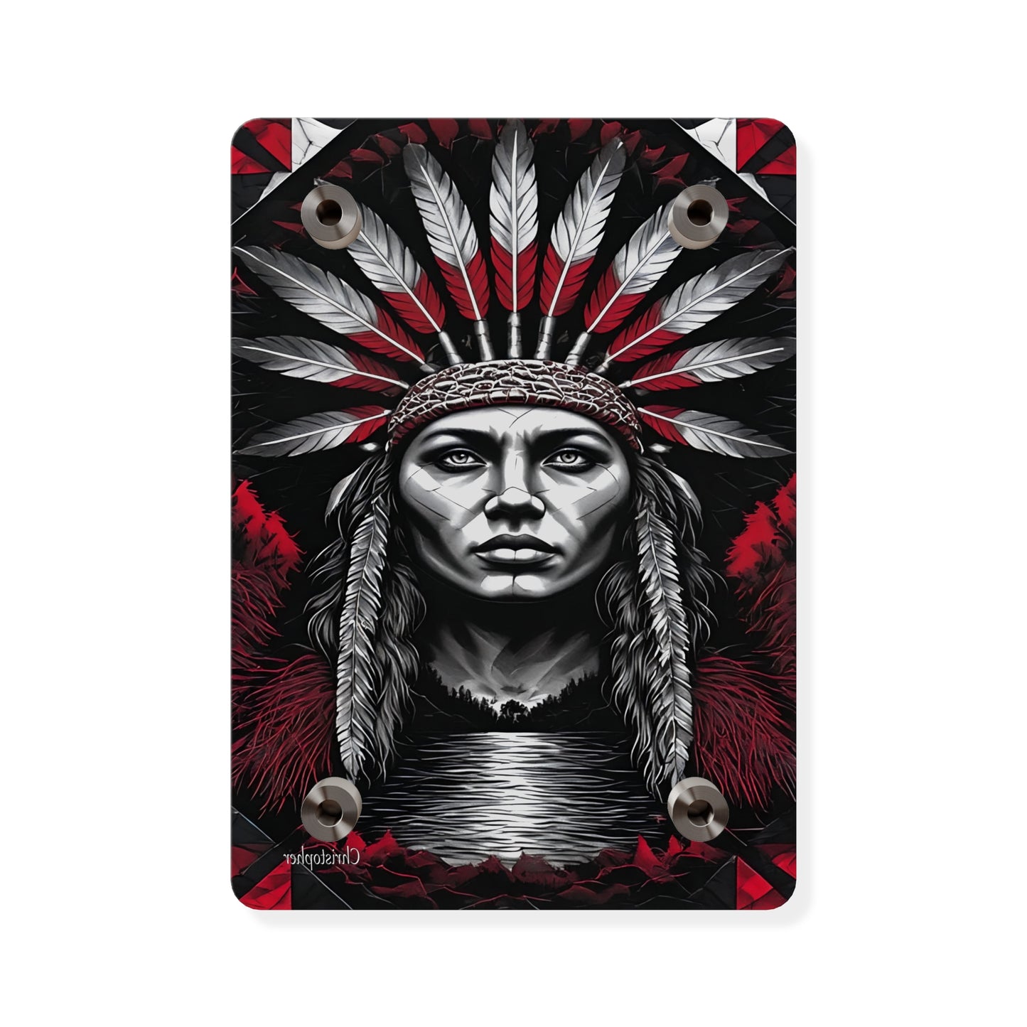 Acrylic Wall Art Panel — Bold Native Chief Portrait in Red & Black