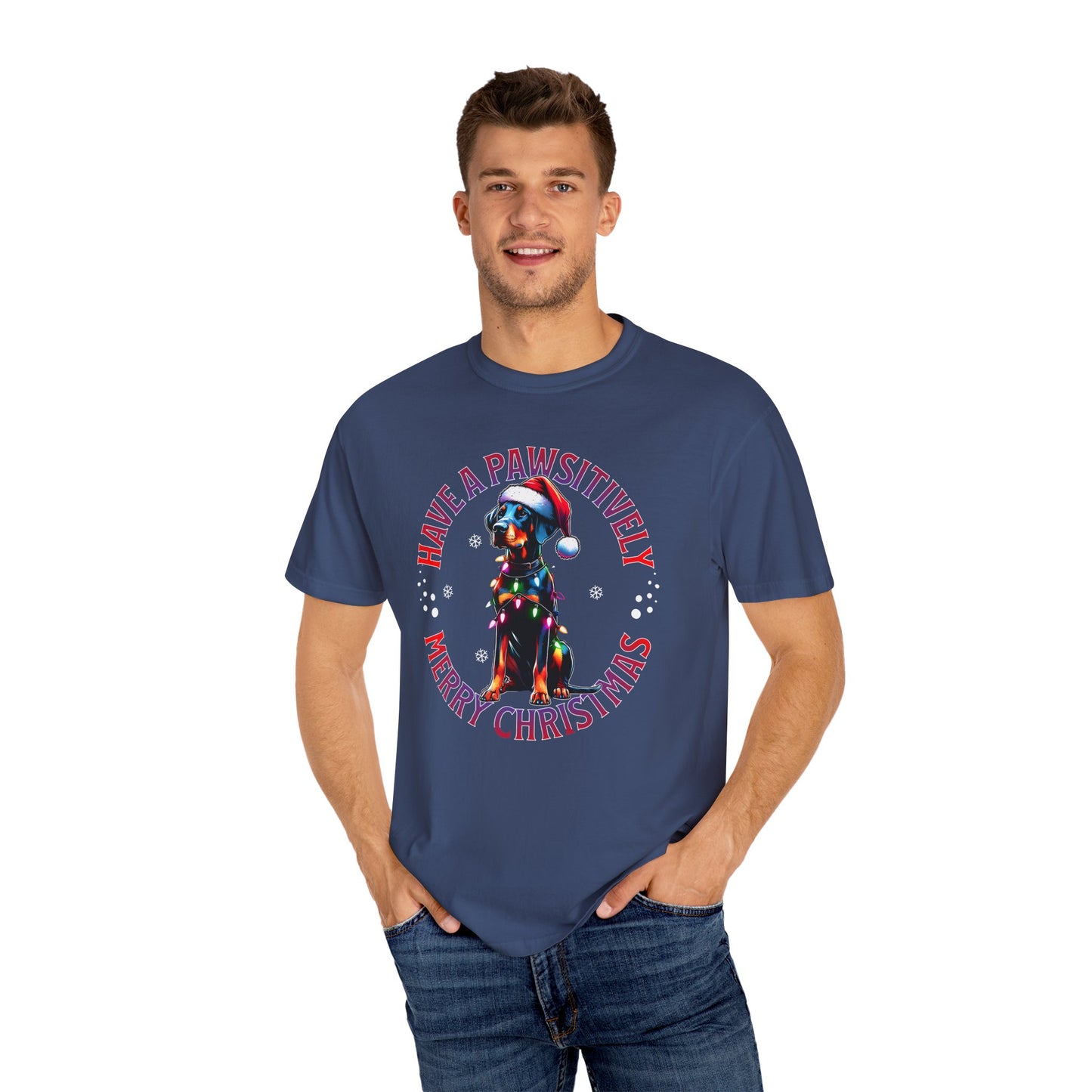 Christmas Dog T-Shirt  Doberman— "Have a Pawsitively Merry Christmas" Holiday Tee