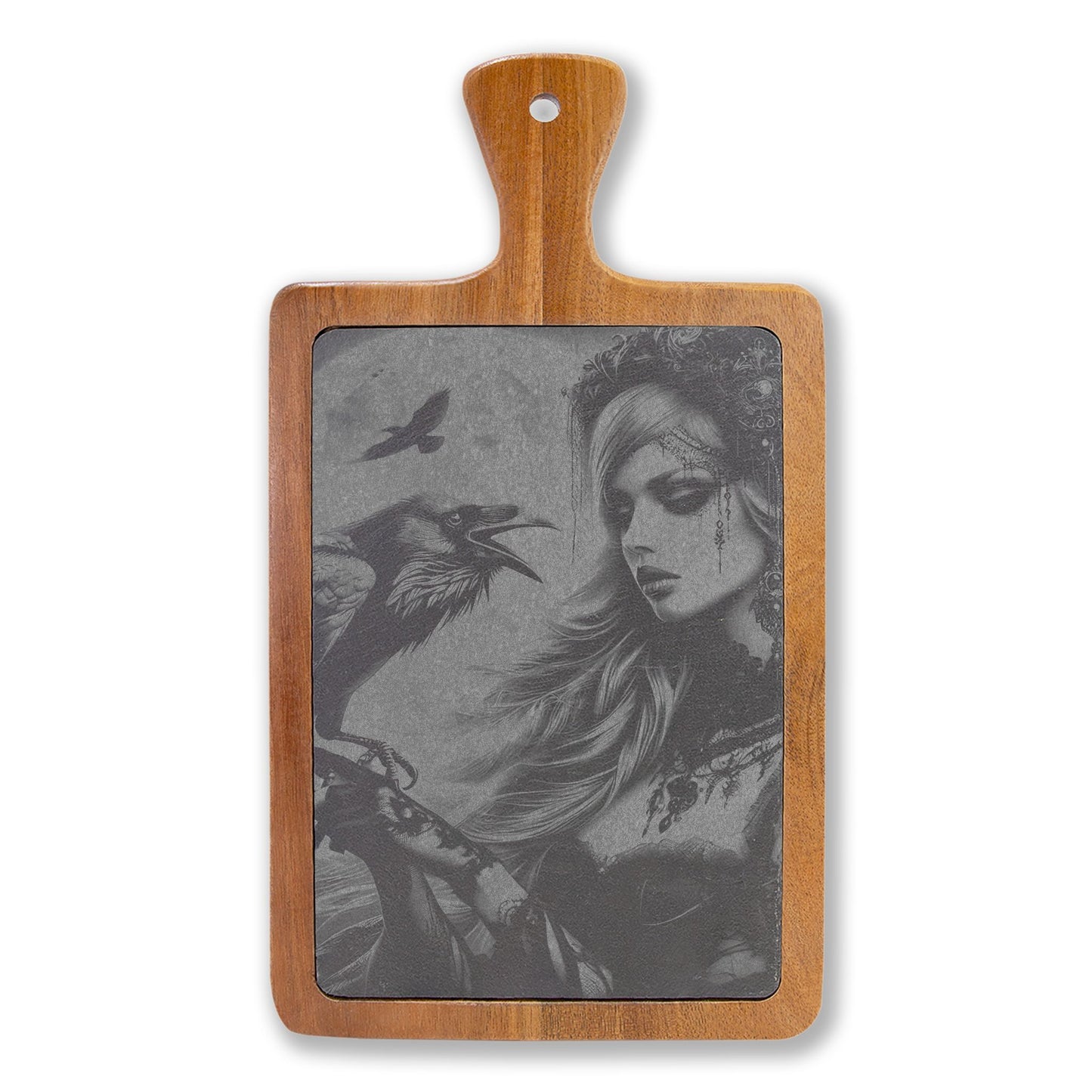 Engraved Charcuterie Board with Stone Inlay — Gothic Woman & Raven Serving Set
