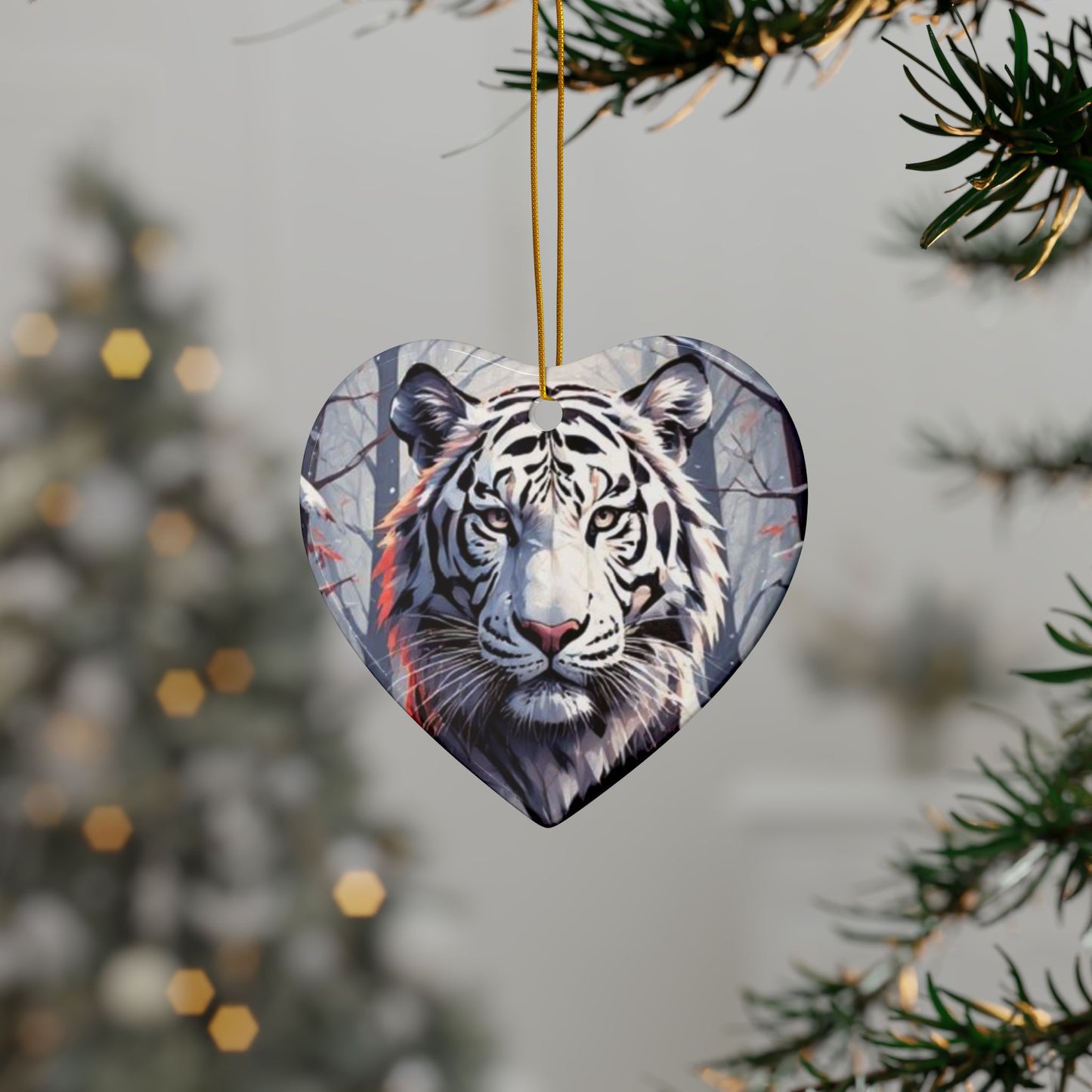 White Tiger Ceramic Ornament — Double-Sided Holiday Decoration