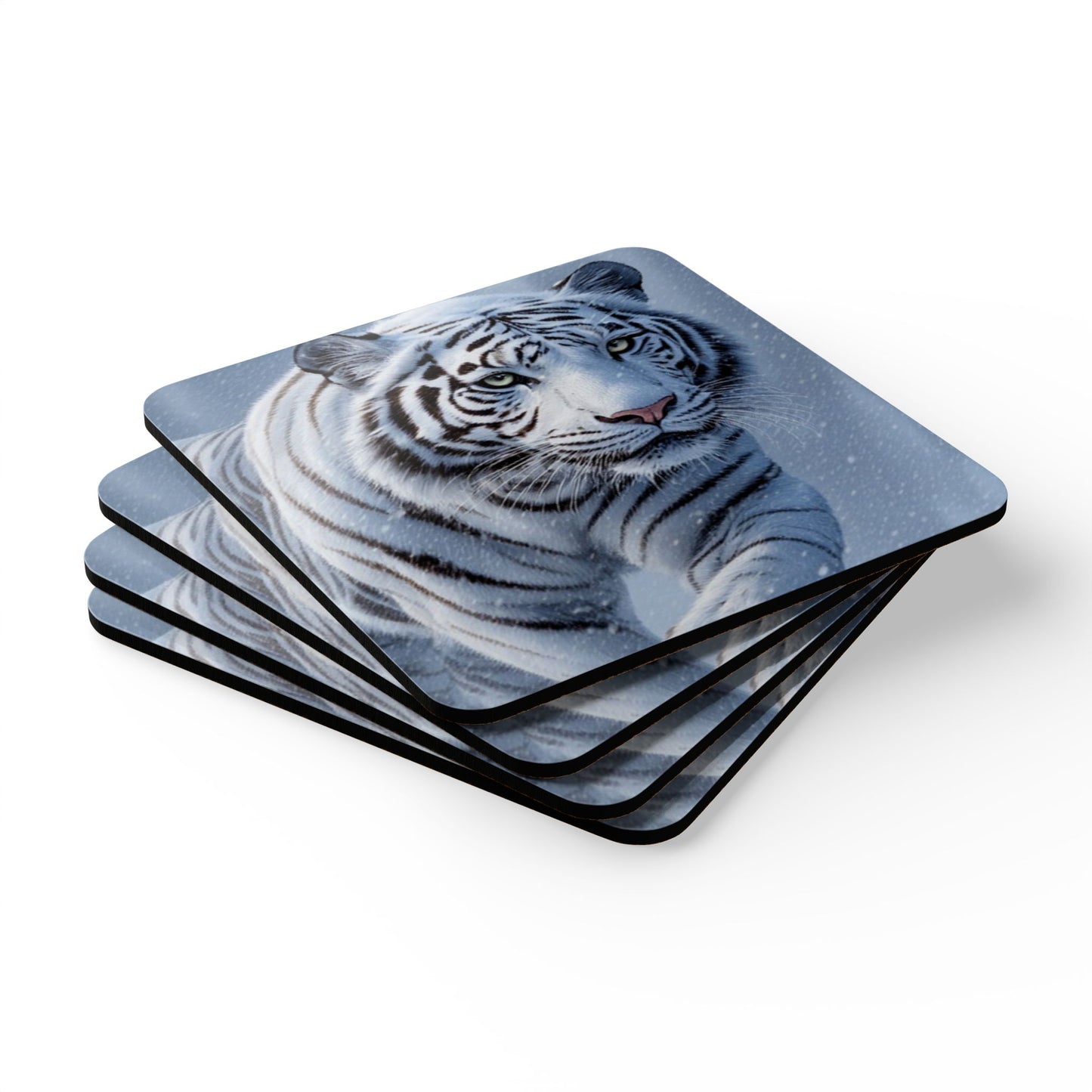 White Tiger Cork Coaster Set — Wildlife Art Drink Coasters