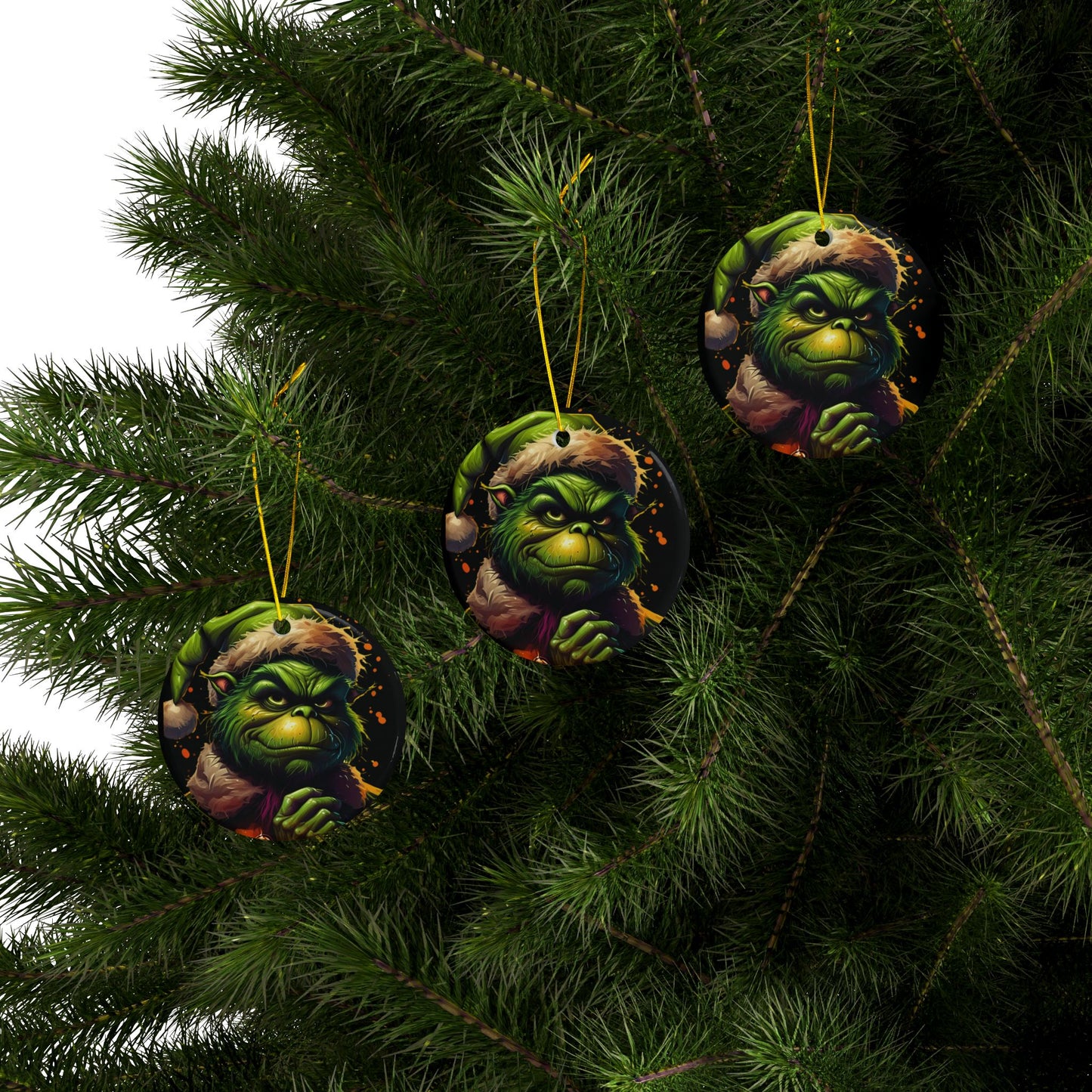 Grumpy Grinch Ceramic Ornament — Double-Sided Christmas Tree Decoration