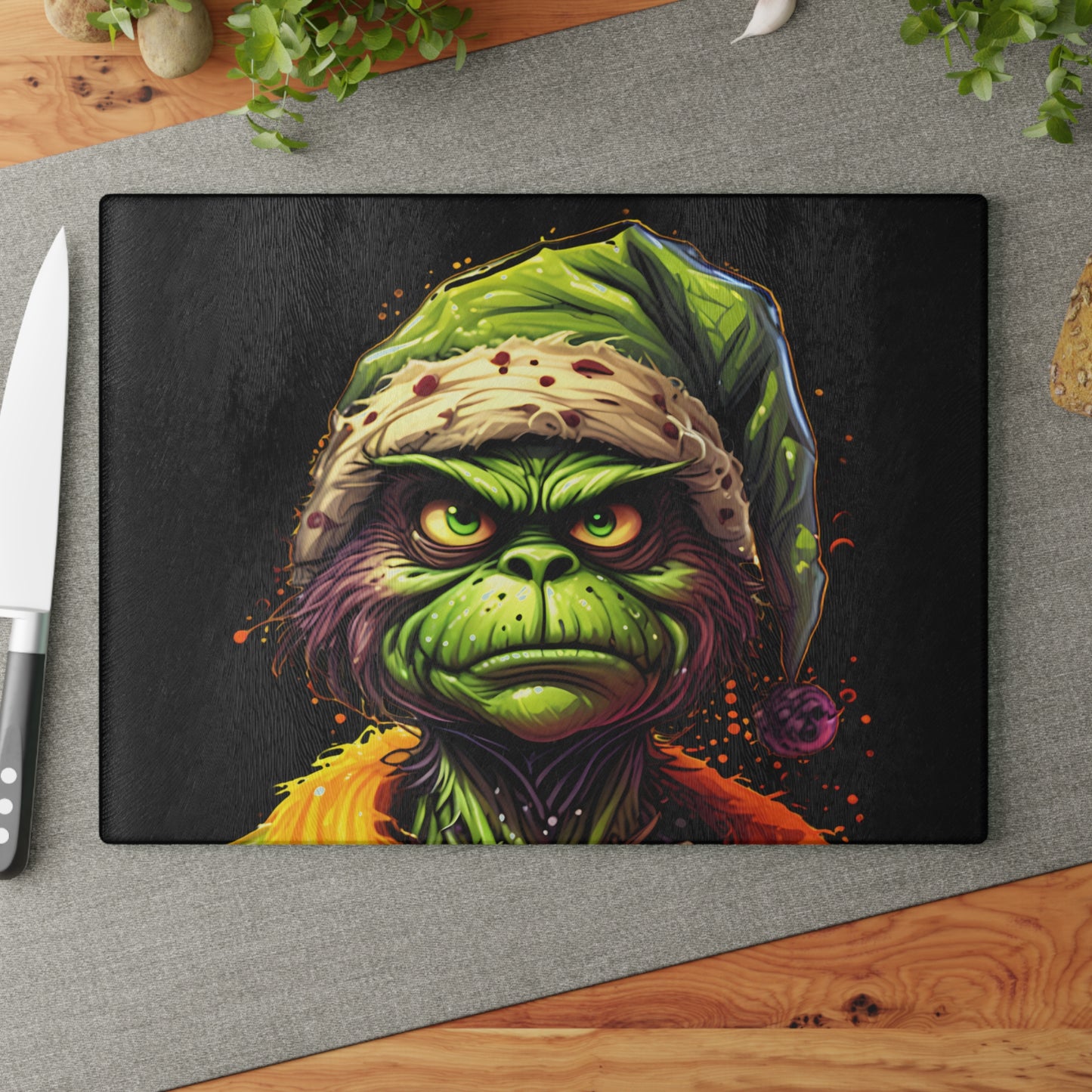 Glass Cutting Board — Grumpy Grinch Face Holiday Kitchen Decor