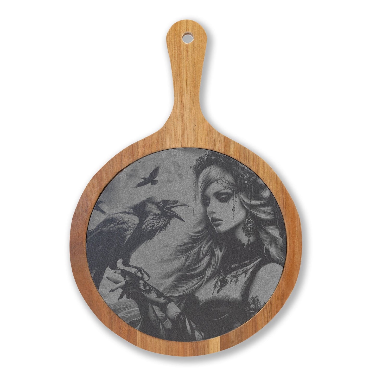 Engraved Charcuterie Board with Stone Inlay — Gothic Woman & Raven Serving Set