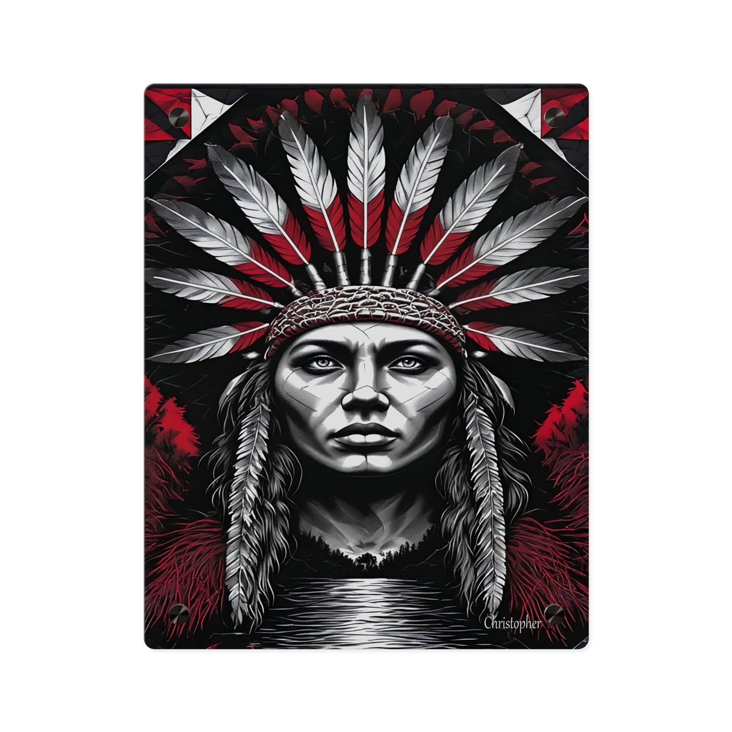 Acrylic Wall Art Panel — Bold Native Chief Portrait in Red & Black