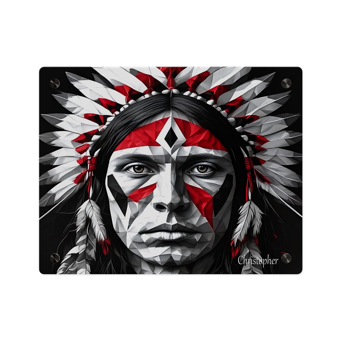 Acrylic Wall Art Panel — Geometric Indigenous Warrior Portrait (Red & Black)