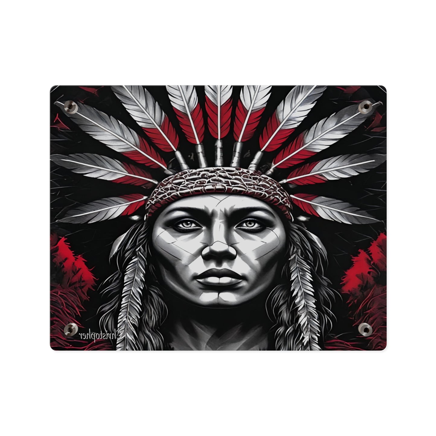 Acrylic Wall Art Panel — Bold Native Chief Portrait in Red & Black