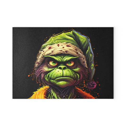 Glass Cutting Board — Grumpy Grinch Face Holiday Kitchen Decor