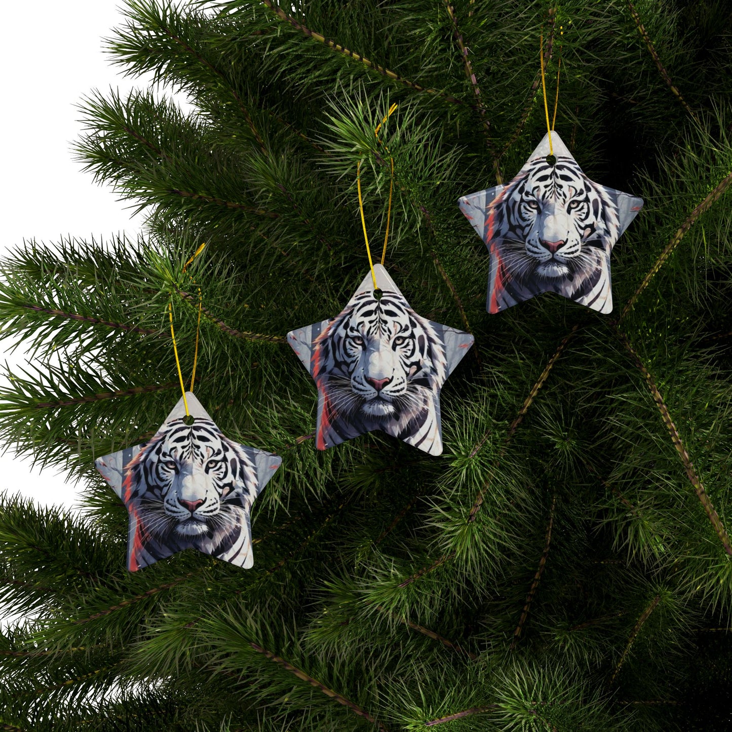 White Tiger Ceramic Ornament — Double-Sided Holiday Decoration