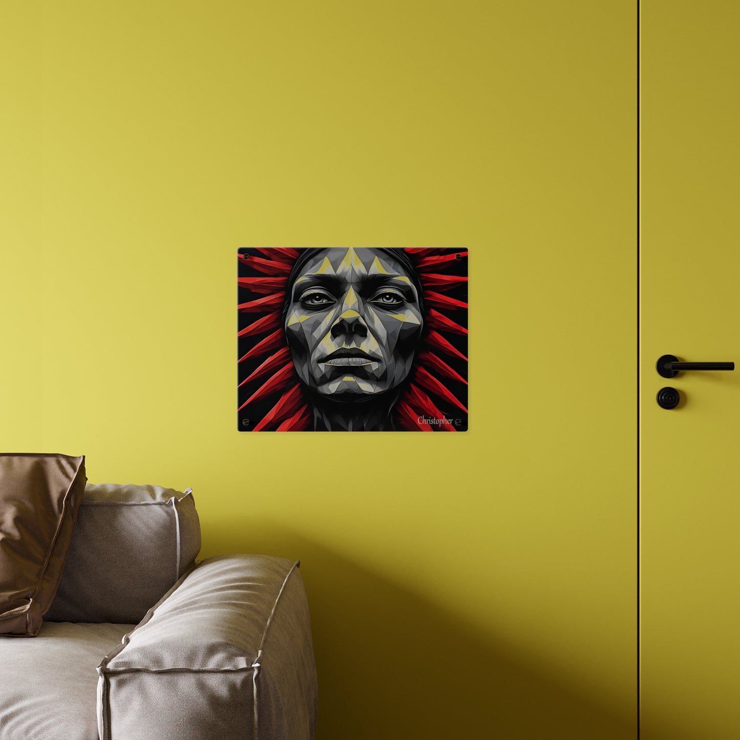 Acrylic Wall Art Panel — Geometric Tribal Face with Red Feather Headdress