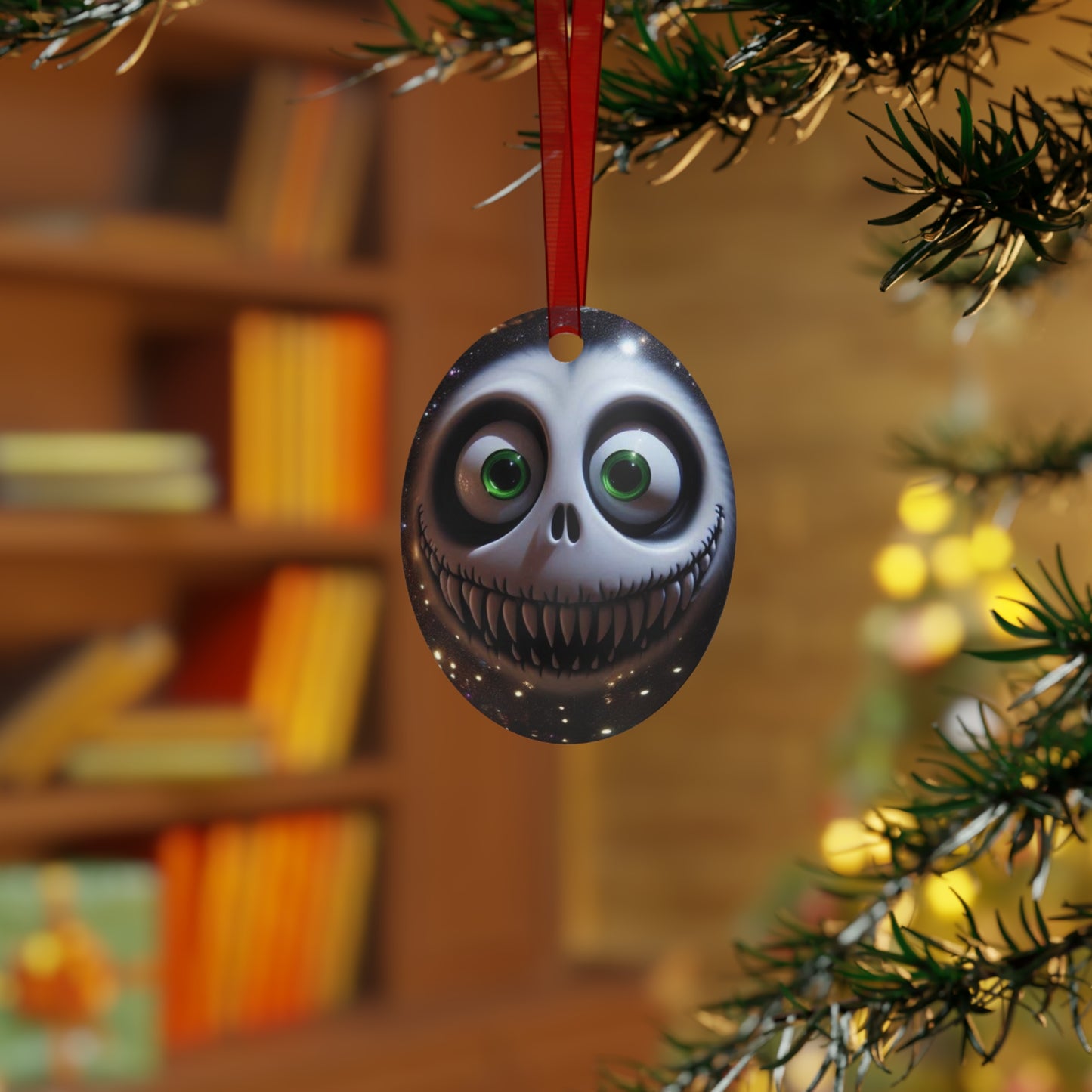 Creepy Smiling Skull Metal Ornament — Gothic Holiday Bell Decoration