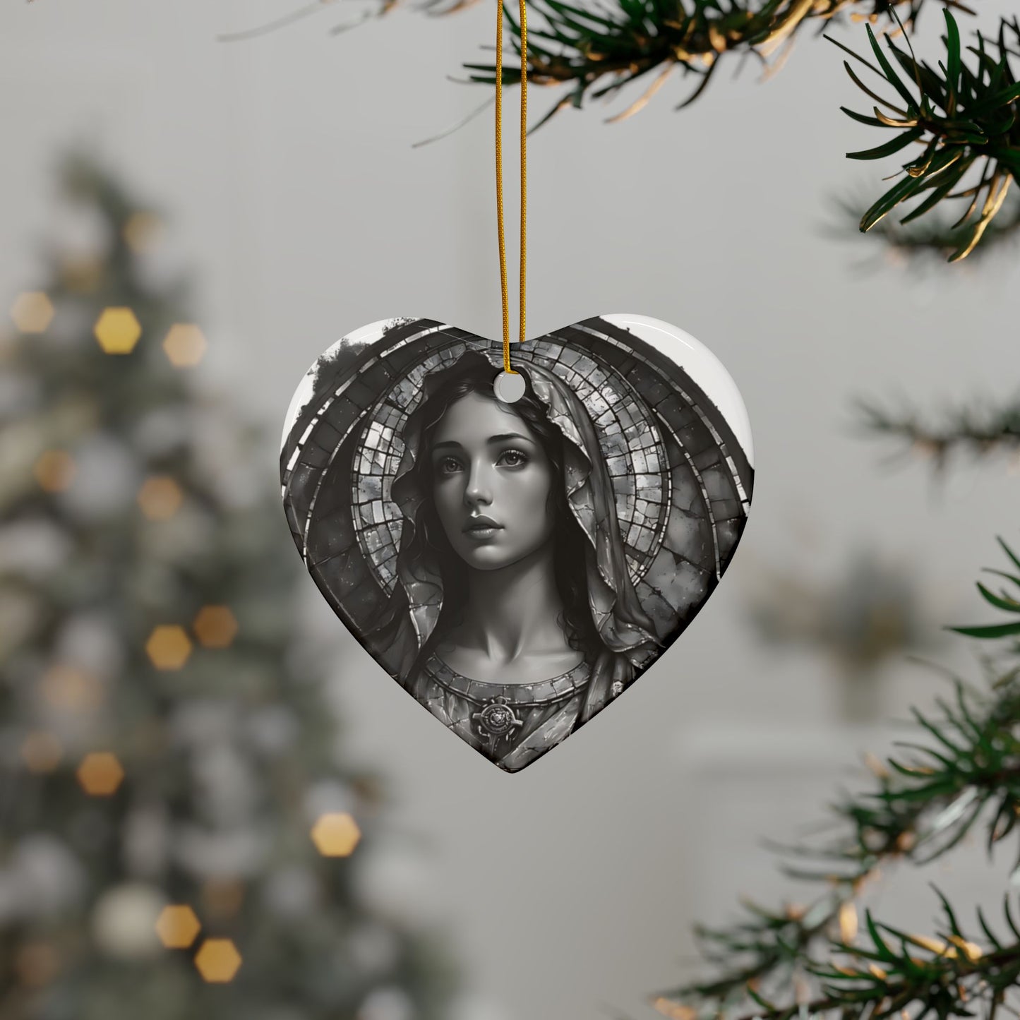 Virgin Mary Ceramic Ornament — Two-Sided Religious Christmas Keepsake