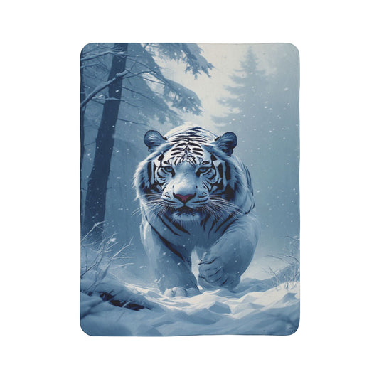White Tiger Winter Fleece Sherpa Blanket — Cozy Snow Forest Throw