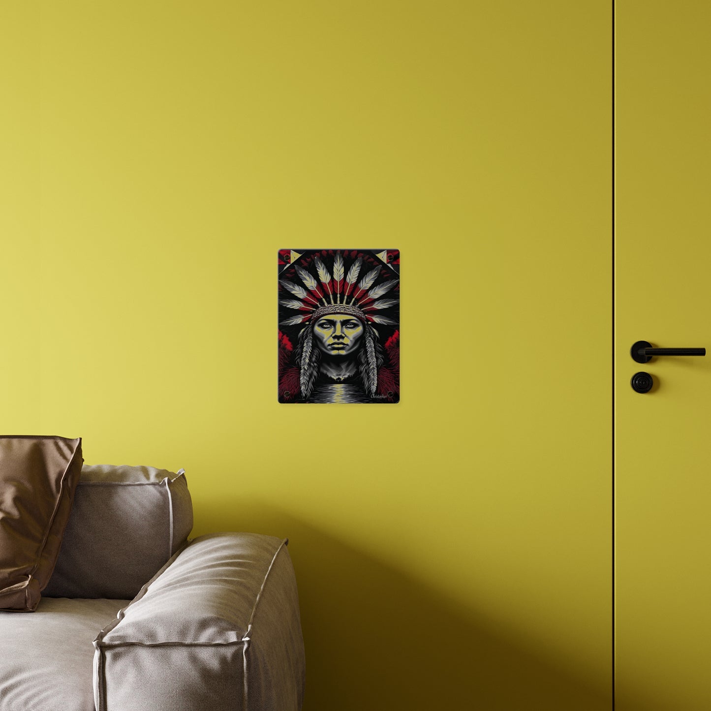 Acrylic Wall Art Panel — Bold Native Chief Portrait in Red & Black