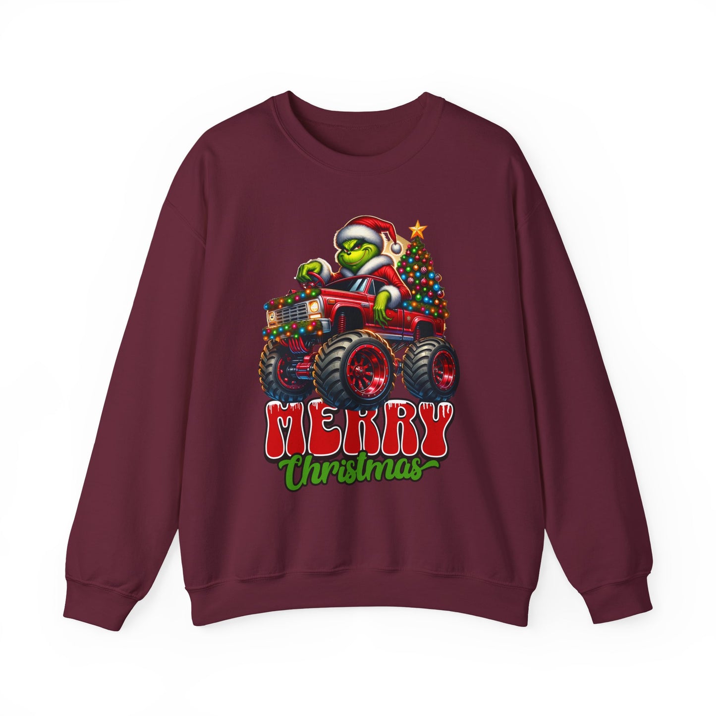Christmas Monster Truck Sweatshirt — 'Merry Christmas' Grinch Driver Design