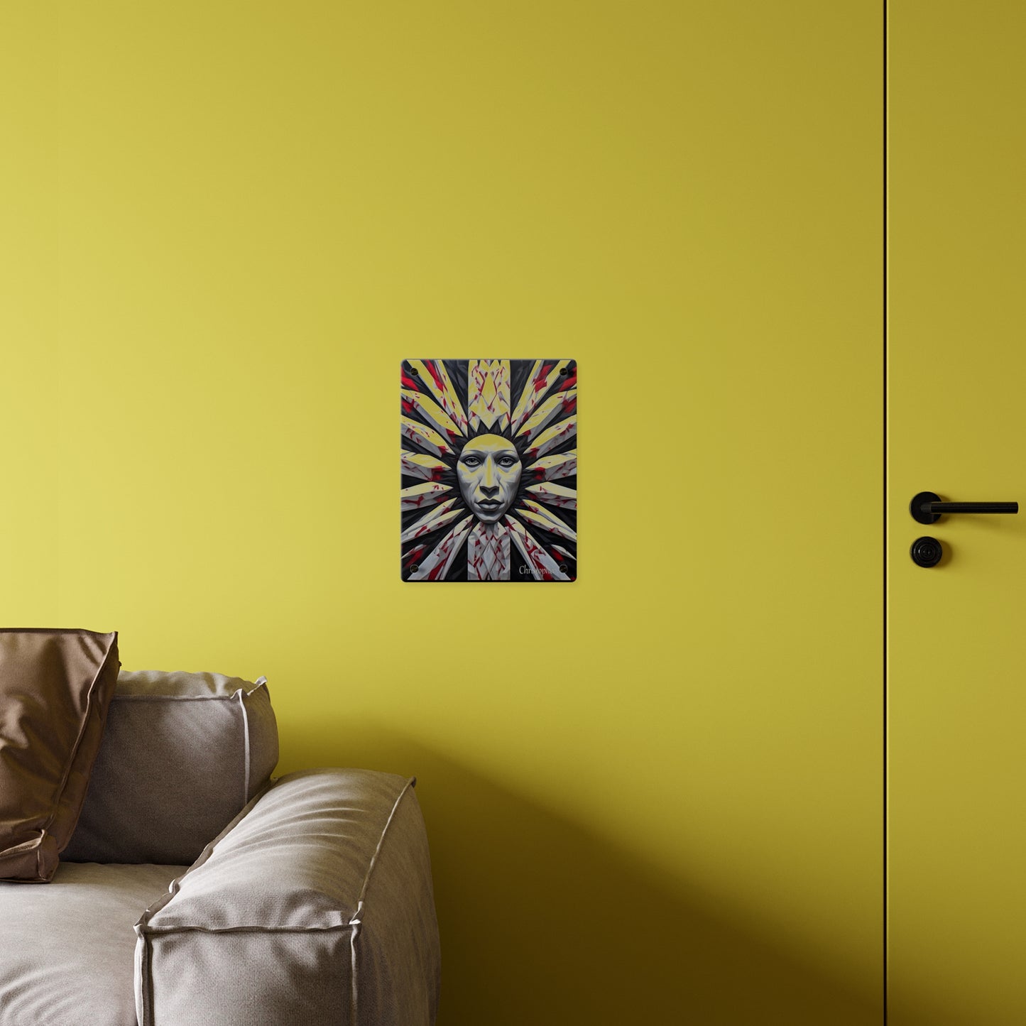 Acrylic Wall Art Panel — Surreal Sunburst Face with Red & Black Feather Design