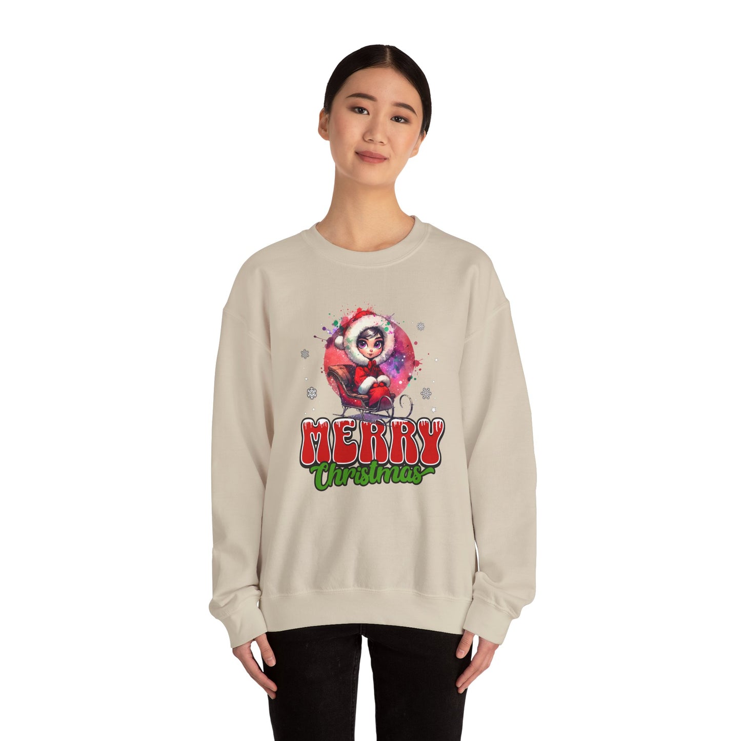Christmas Crewneck Sweatshirt — Cute Santa Girl 'Merry Christmas' Holiday Pullover