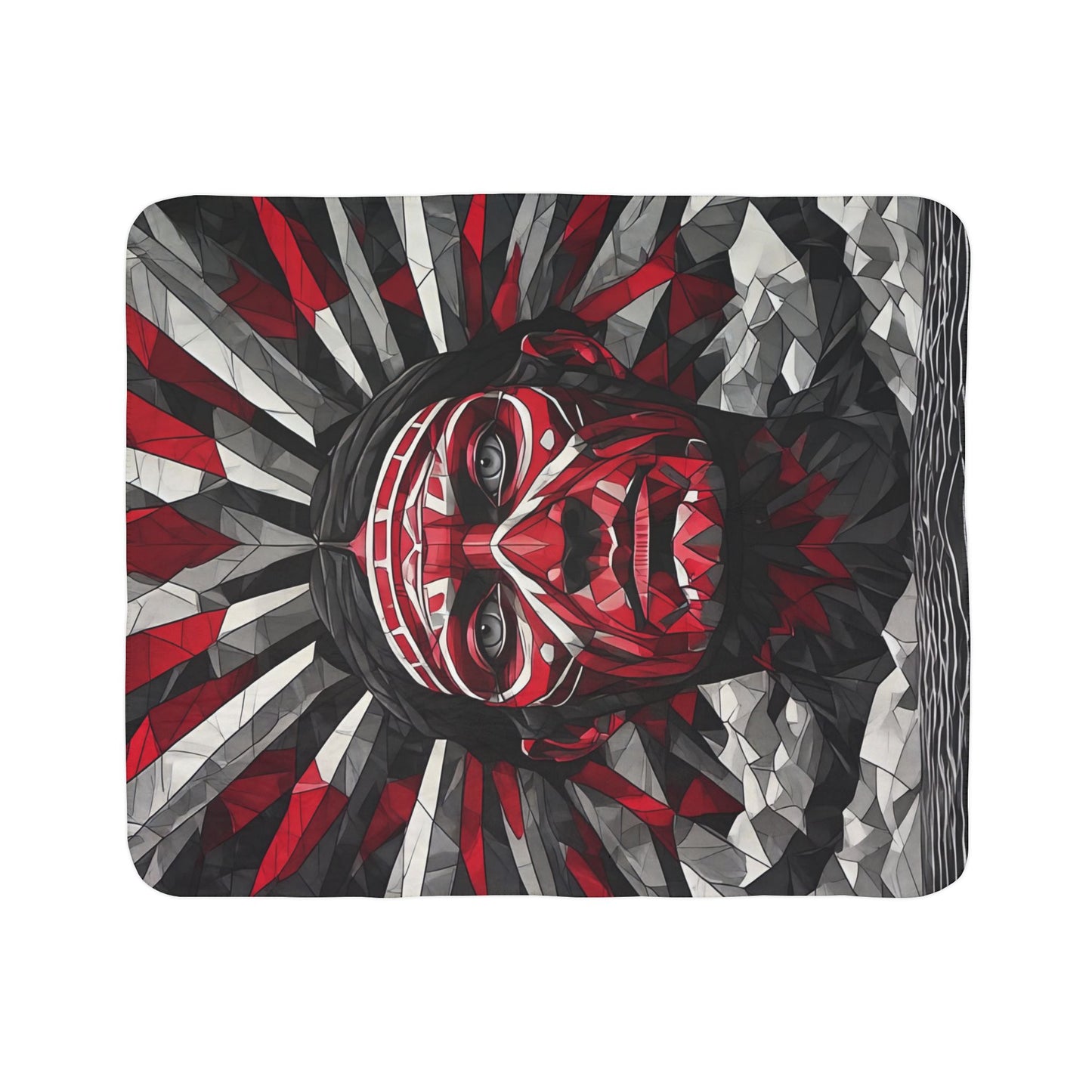 Tribal Headdress Fleece Sherpa Blanket — Bold Red & Gray Geometric Native-Inspired Design