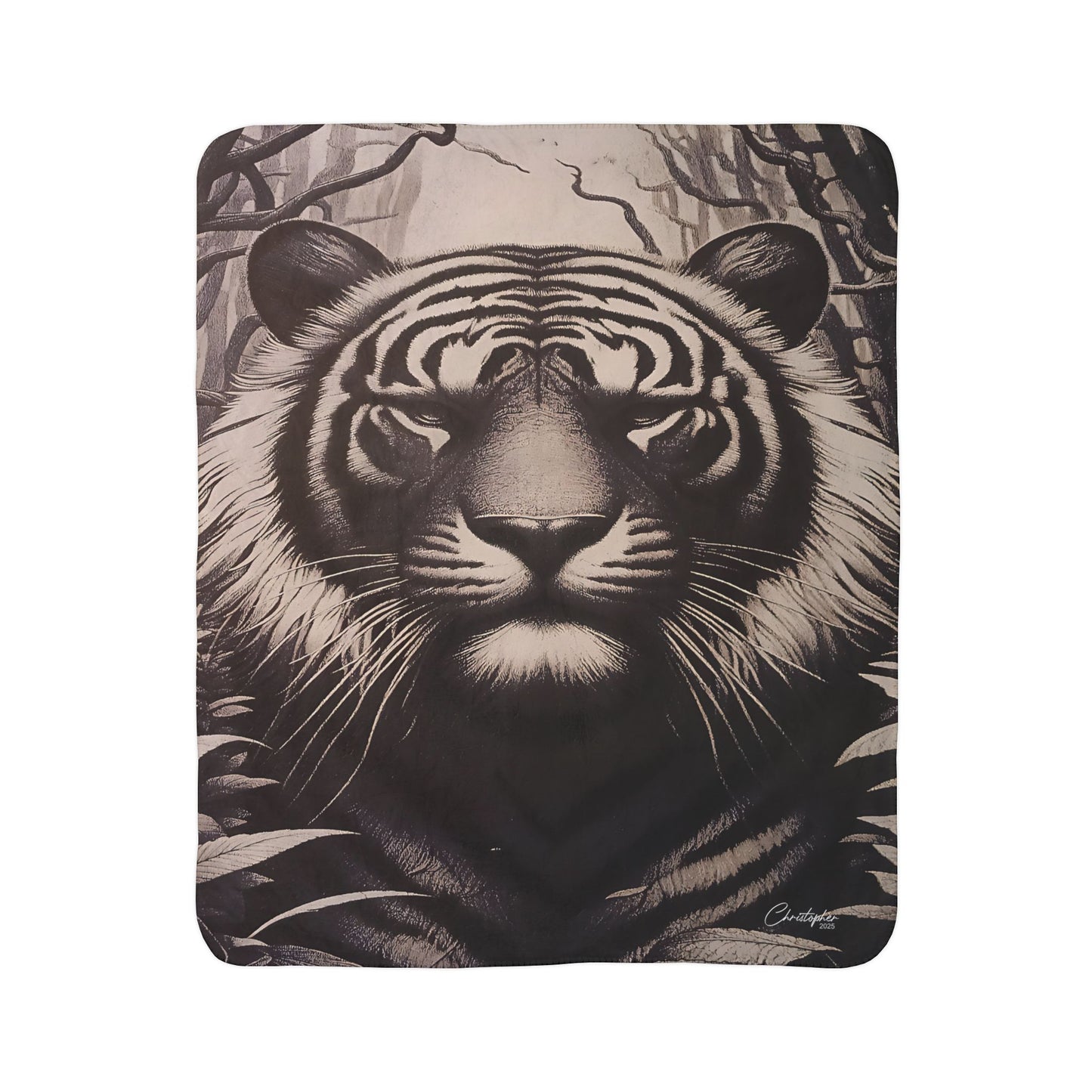 Laser Engraved Original Art Tiger Fleece Sherpa Blanket | Cozy Wildlife Throw for Animal Lovers, Home Decor, Gifts for Nature Enthusiasts, Indoor Comfort