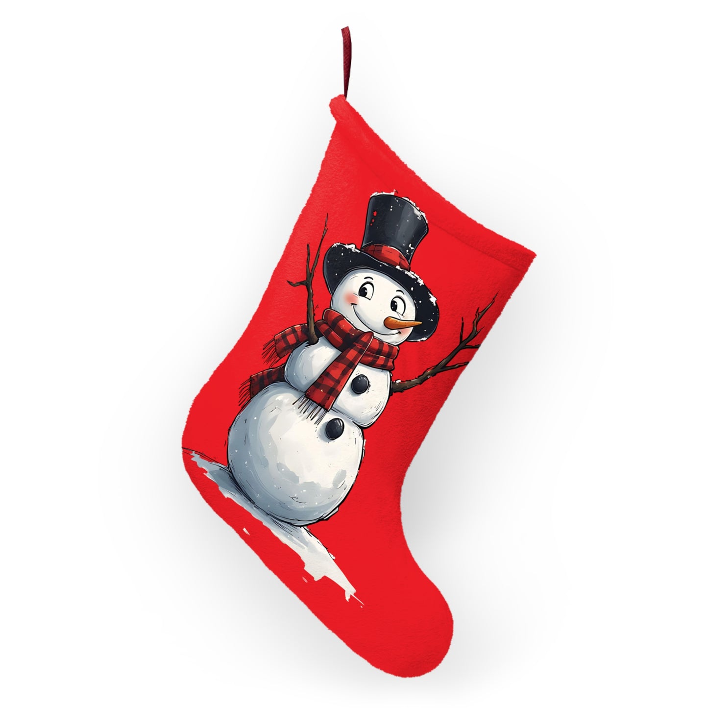 Snowman Christmas Stocking – Red Holiday Stocking with Top Hat & Scarf