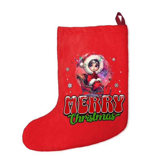 Red Christmas Stocking with Cute Santa Girl Illustration — "Merry Christmas" Holiday Stocking