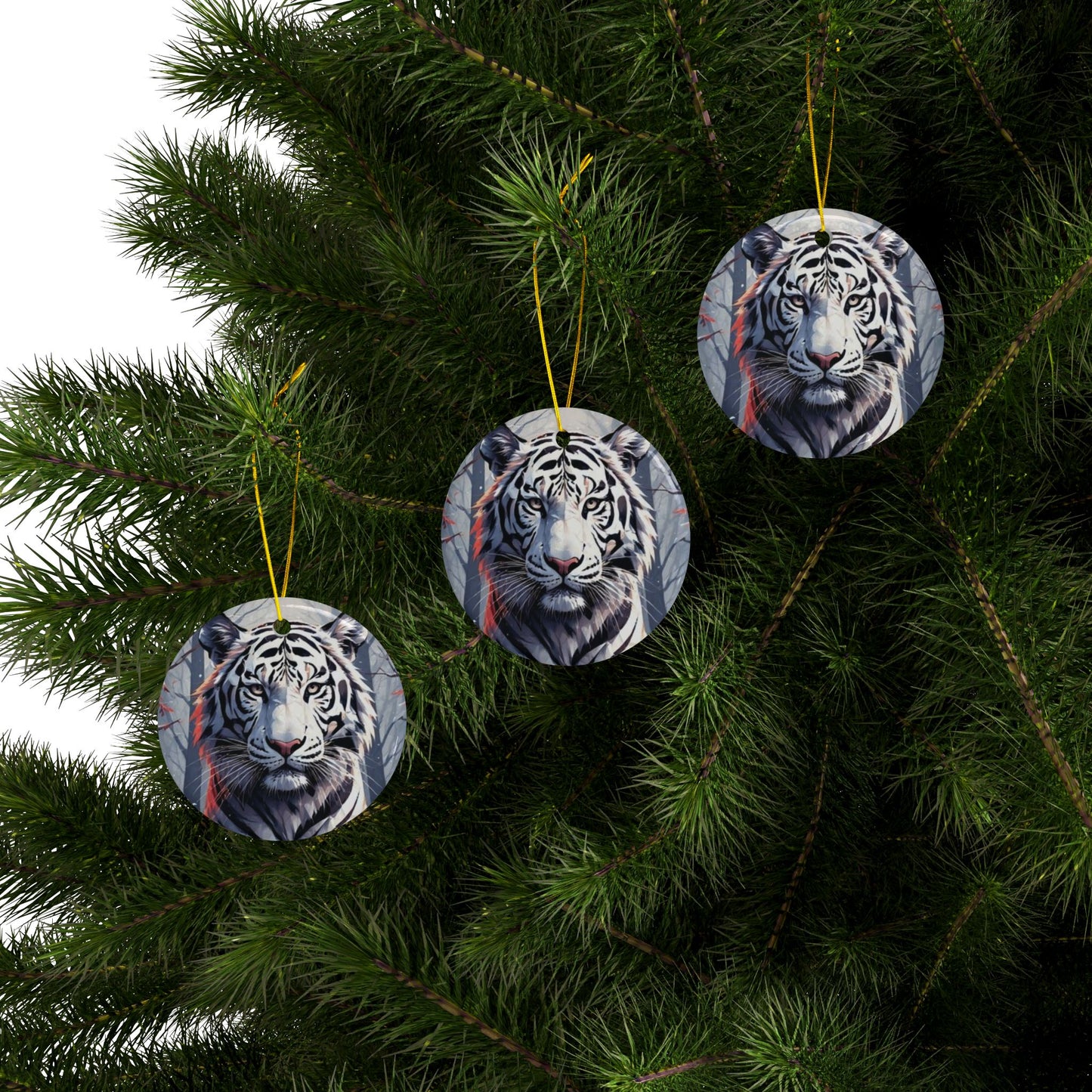 White Tiger Ceramic Ornament — Double-Sided Holiday Decoration