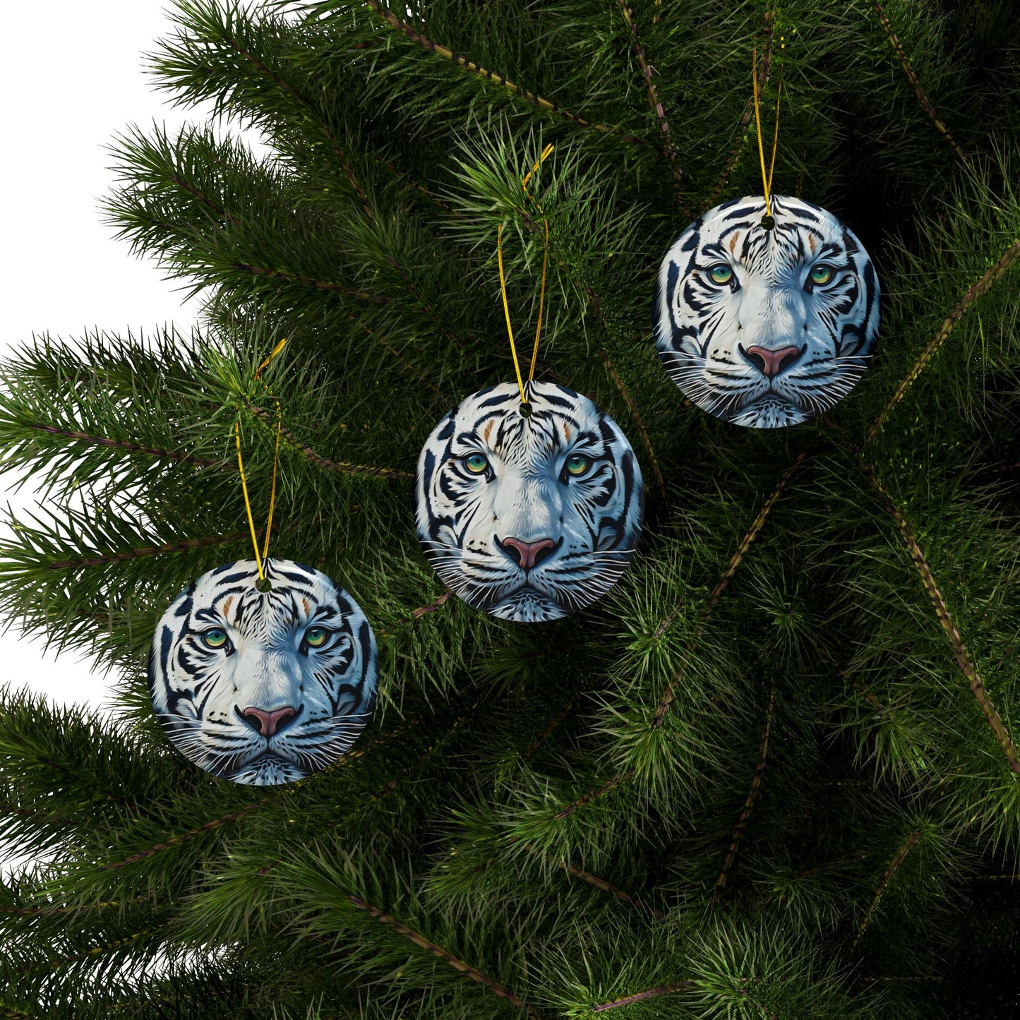 White Tiger Ceramic Ornament — Two-Sided Round Holiday Decoration