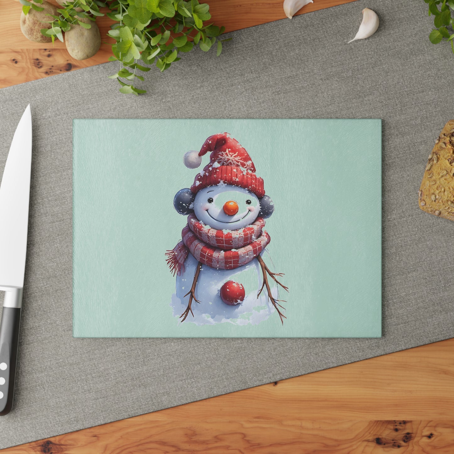 Winter Snowman Glass Cutting Board — Festive Holiday Kitchen Decor