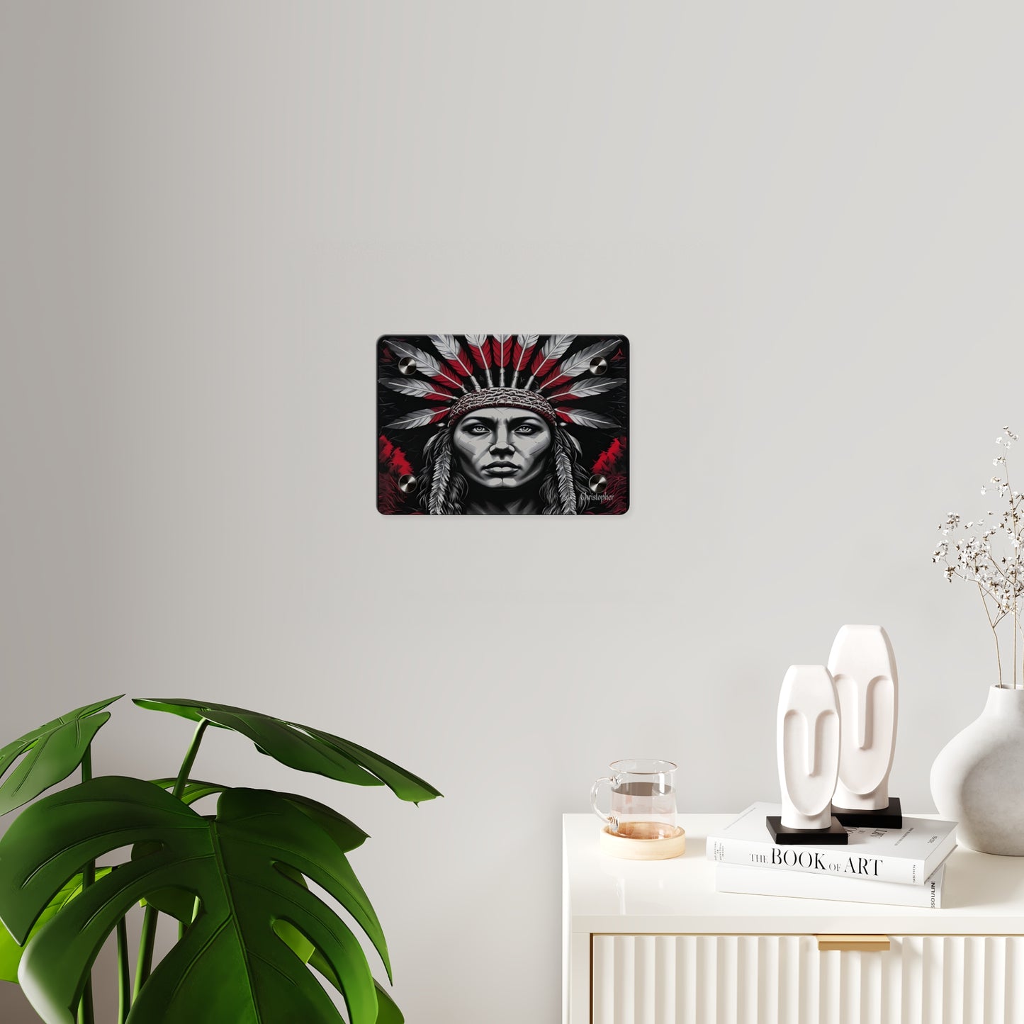 Acrylic Wall Art Panel — Bold Native Chief Portrait in Red & Black