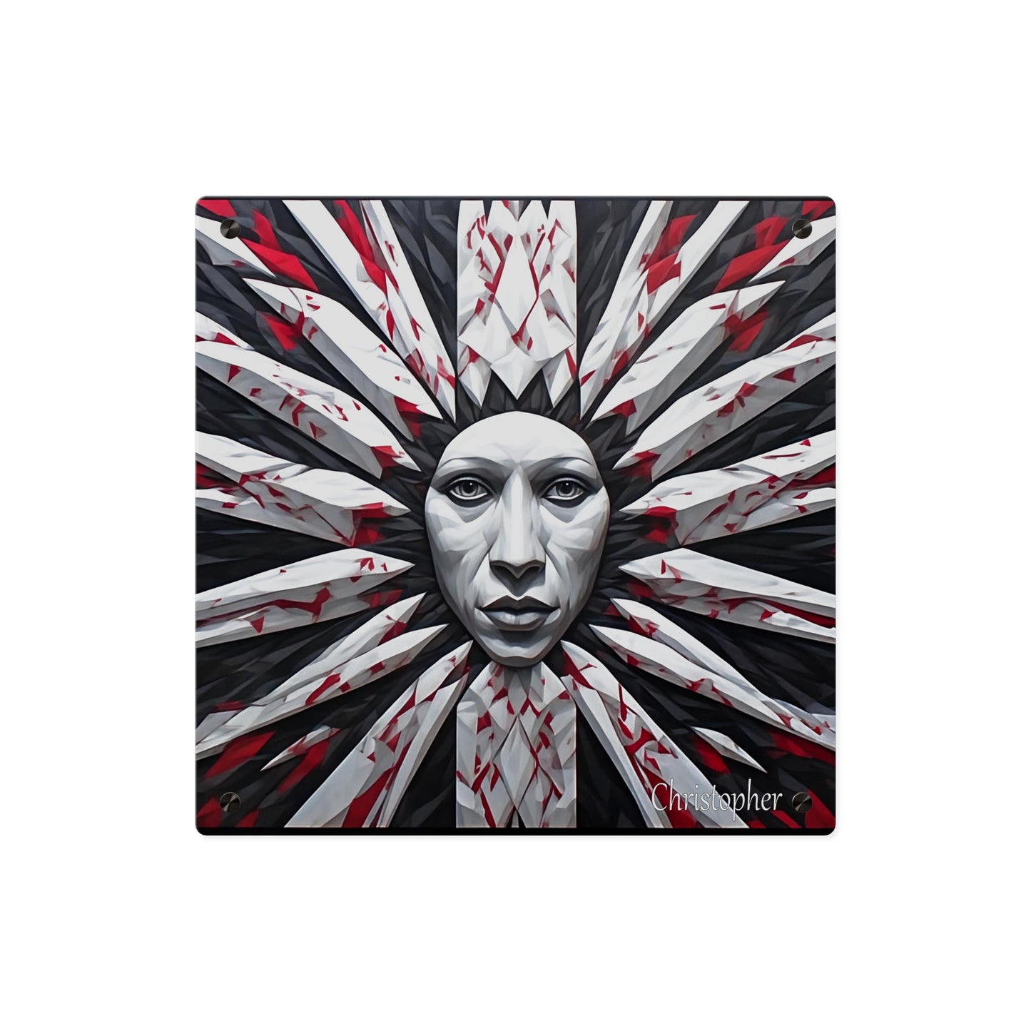 Acrylic Wall Art Panel — Surreal Sunburst Face with Red & Black Feather Design