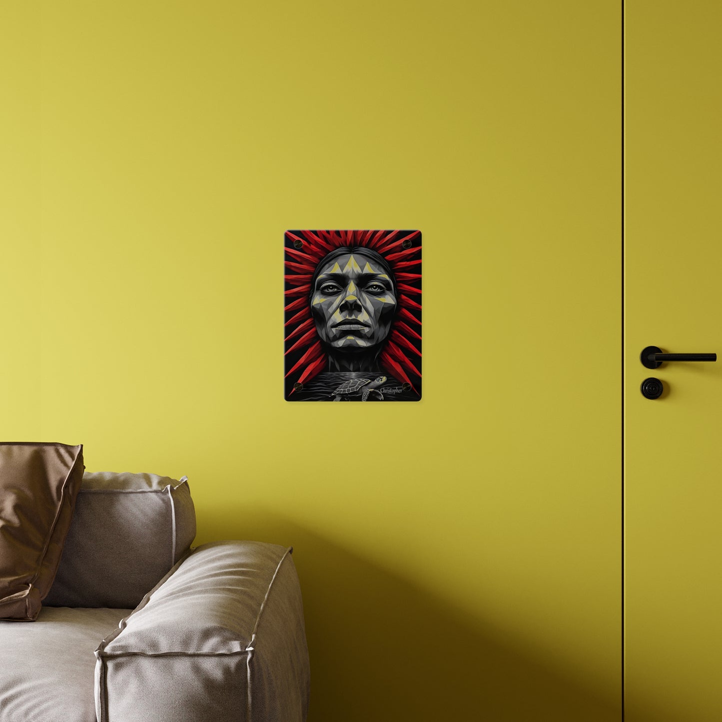 Acrylic Wall Art Panel — Geometric Tribal Face with Red Feather Headdress