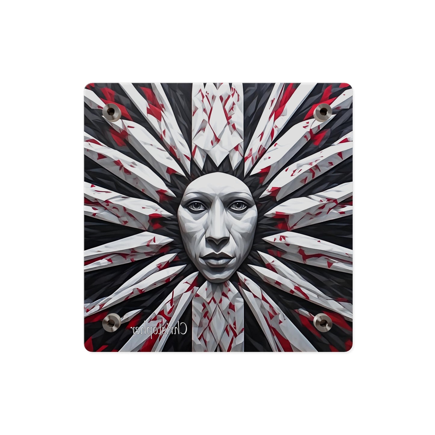 Acrylic Wall Art Panel — Surreal Sunburst Face with Red & Black Feather Design