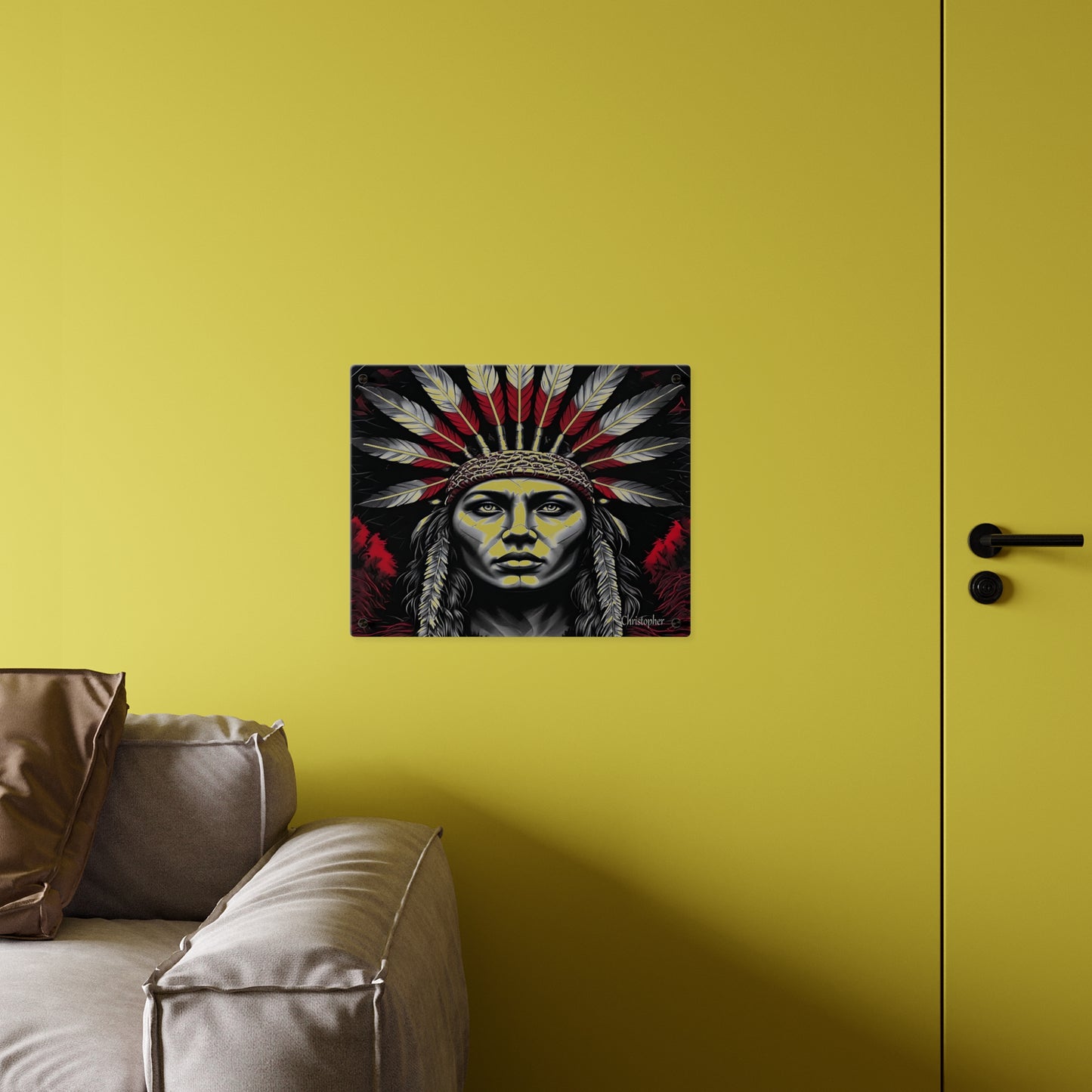 Acrylic Wall Art Panel — Bold Native Chief Portrait in Red & Black