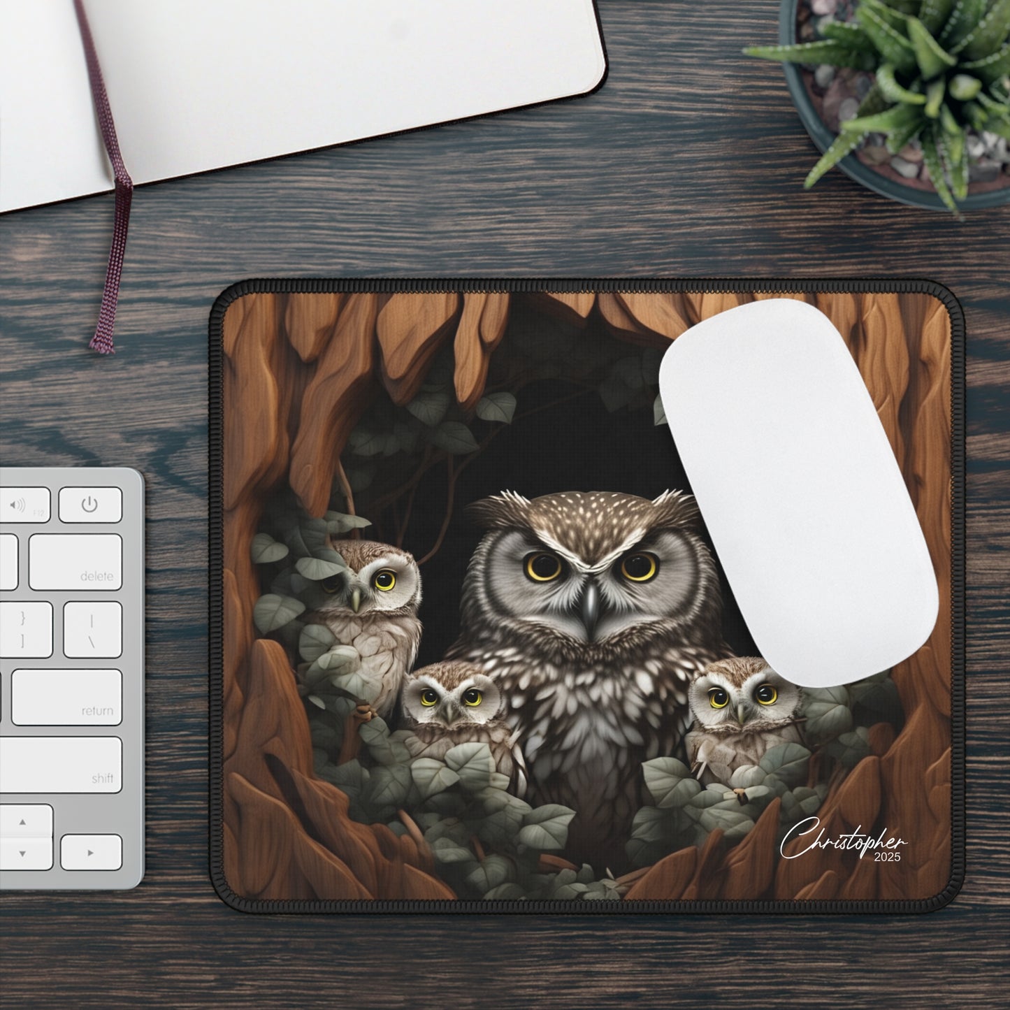 Woodland Owl Gaming Mouse Pad - Perfect Gift for Gamers, Nature Lovers, Home Office, Creative Workspaces, and Owl Enthusiasts.