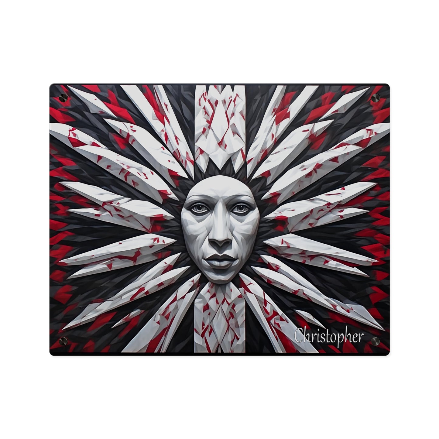 Acrylic Wall Art Panel — Surreal Sunburst Face with Red & Black Feather Design
