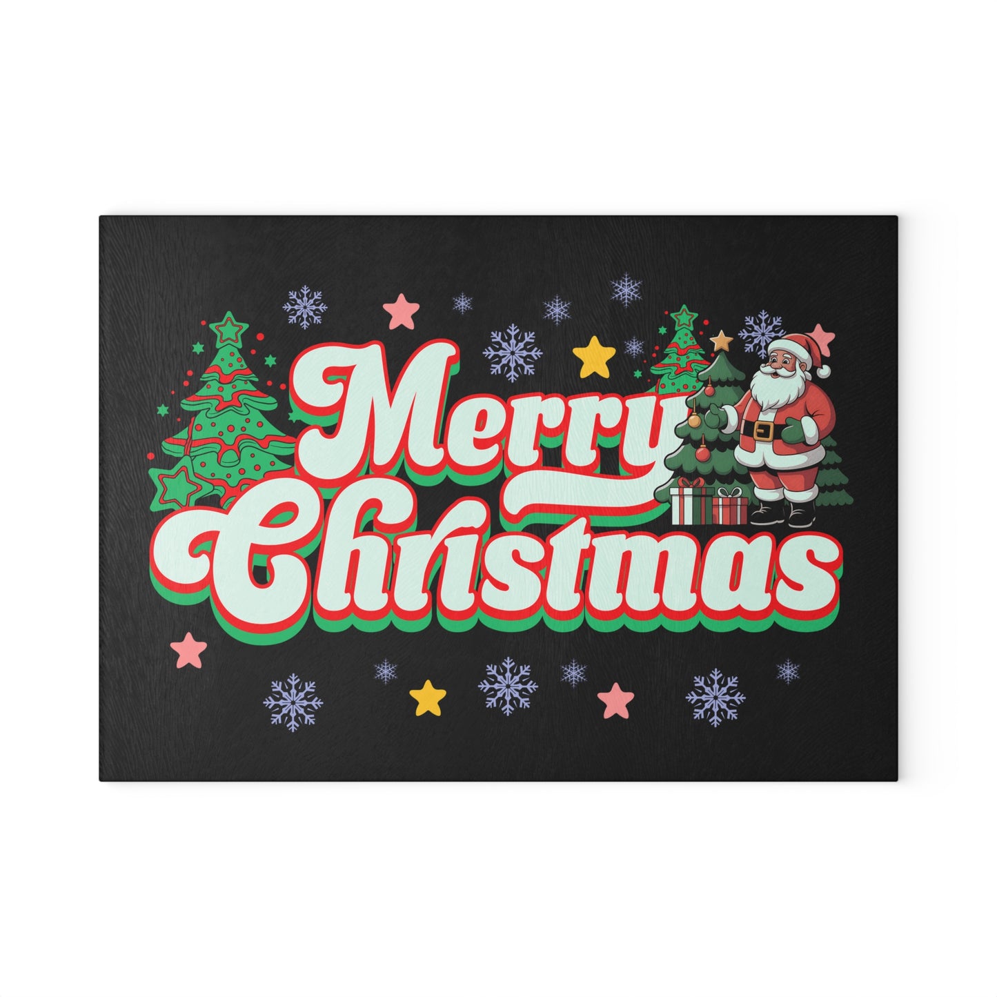Merry Christmas Glass Cutting Board — Festive Santa & Trees Holiday Kitchen Decor