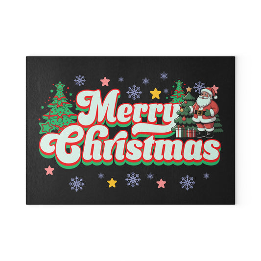 Merry Christmas Glass Cutting Board — Festive Santa & Trees Holiday Kitchen Decor