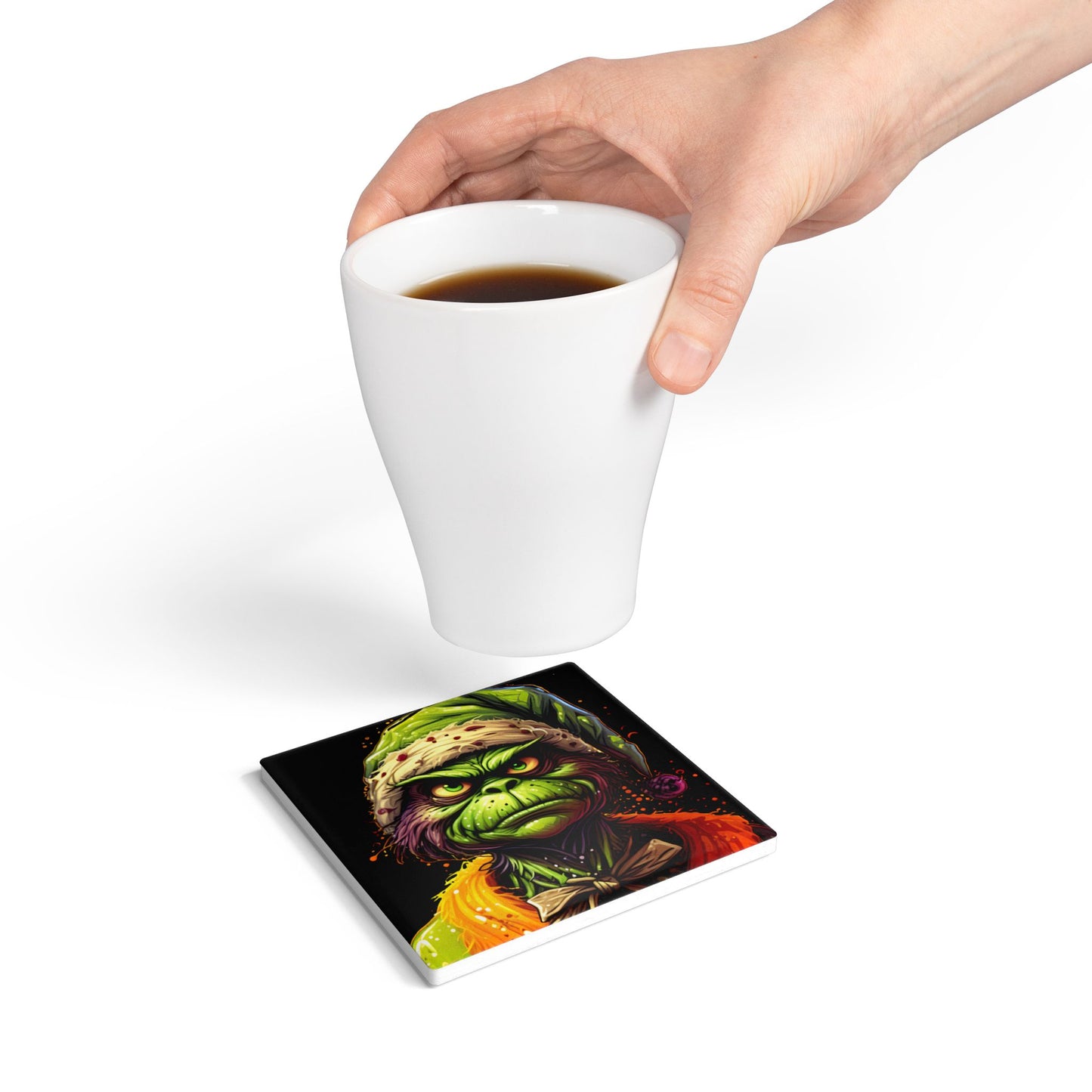 Grinch Horror Ceramic Coaster — Creepy Green Holiday Drink Mat