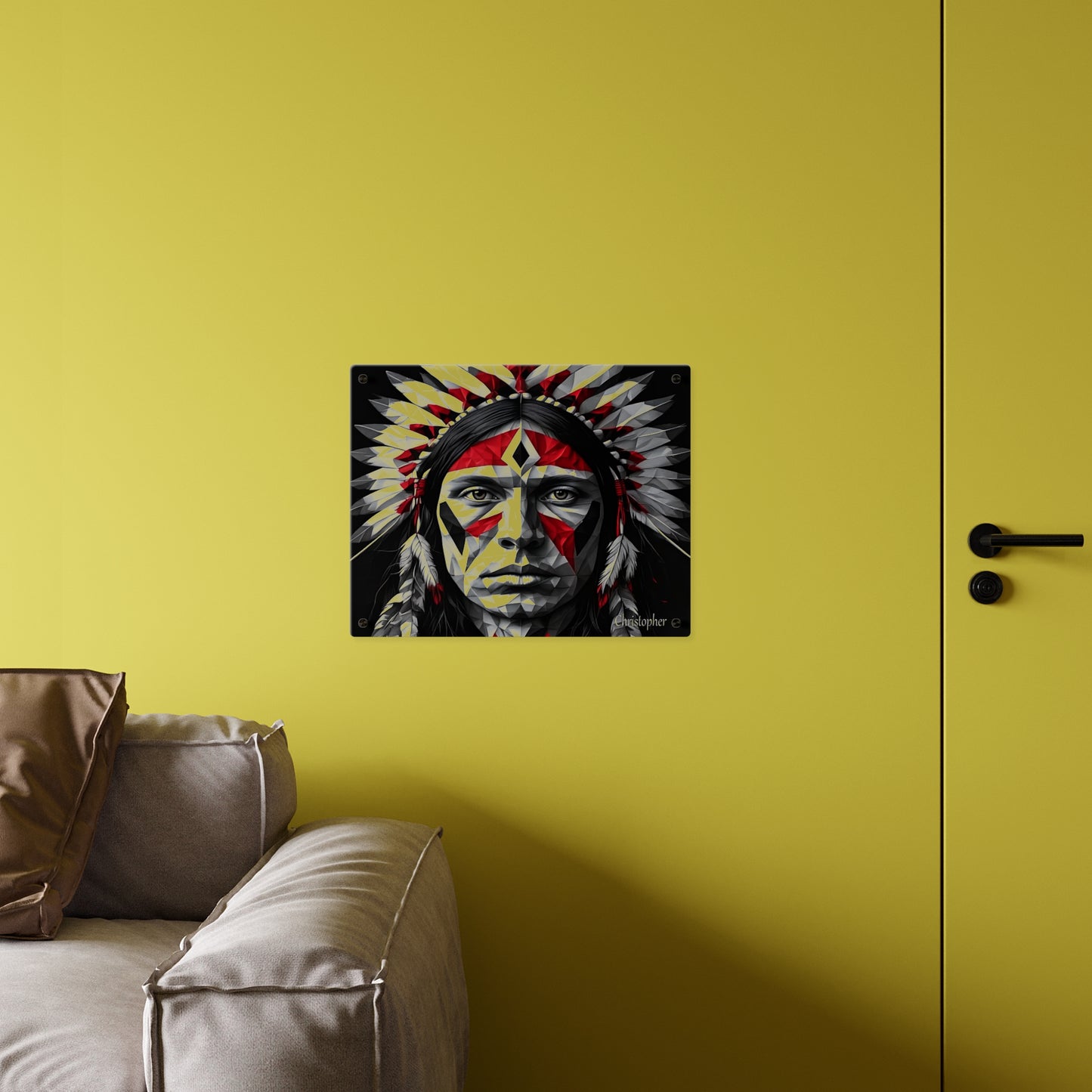 Acrylic Wall Art Panel — Geometric Indigenous Warrior Portrait (Red & Black)