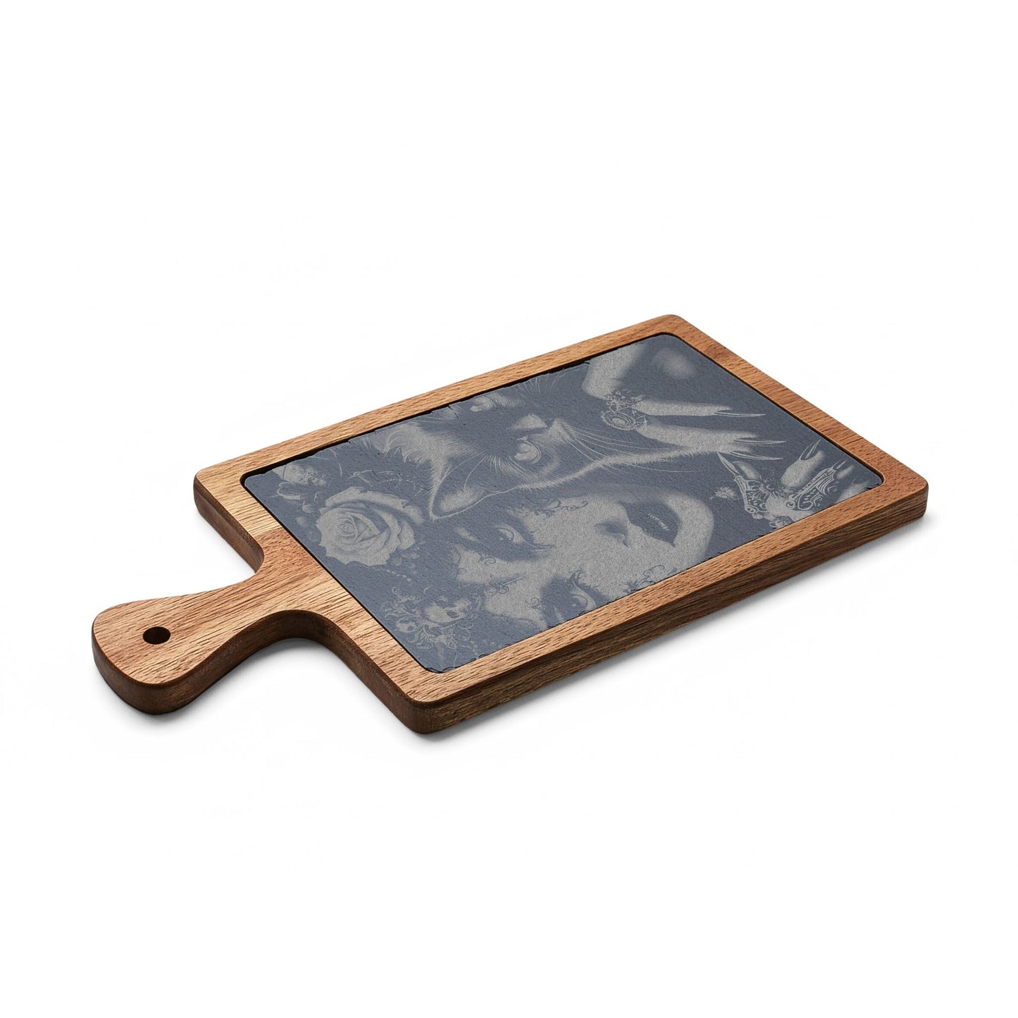Engraved Bamboo Charcuterie Board with Gothic Woman & Cat Artwork