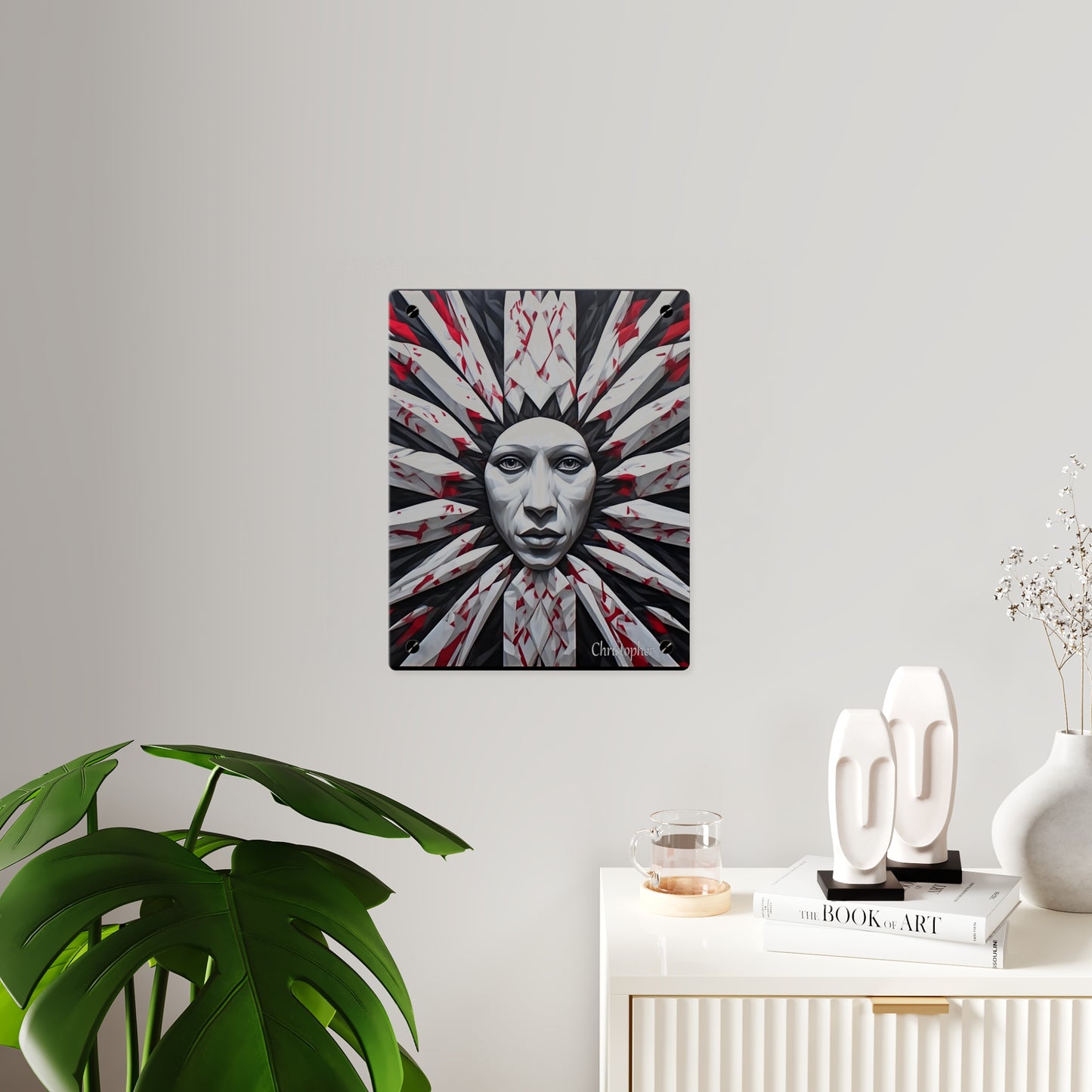Acrylic Wall Art Panel — Surreal Sunburst Face with Red & Black Feather Design