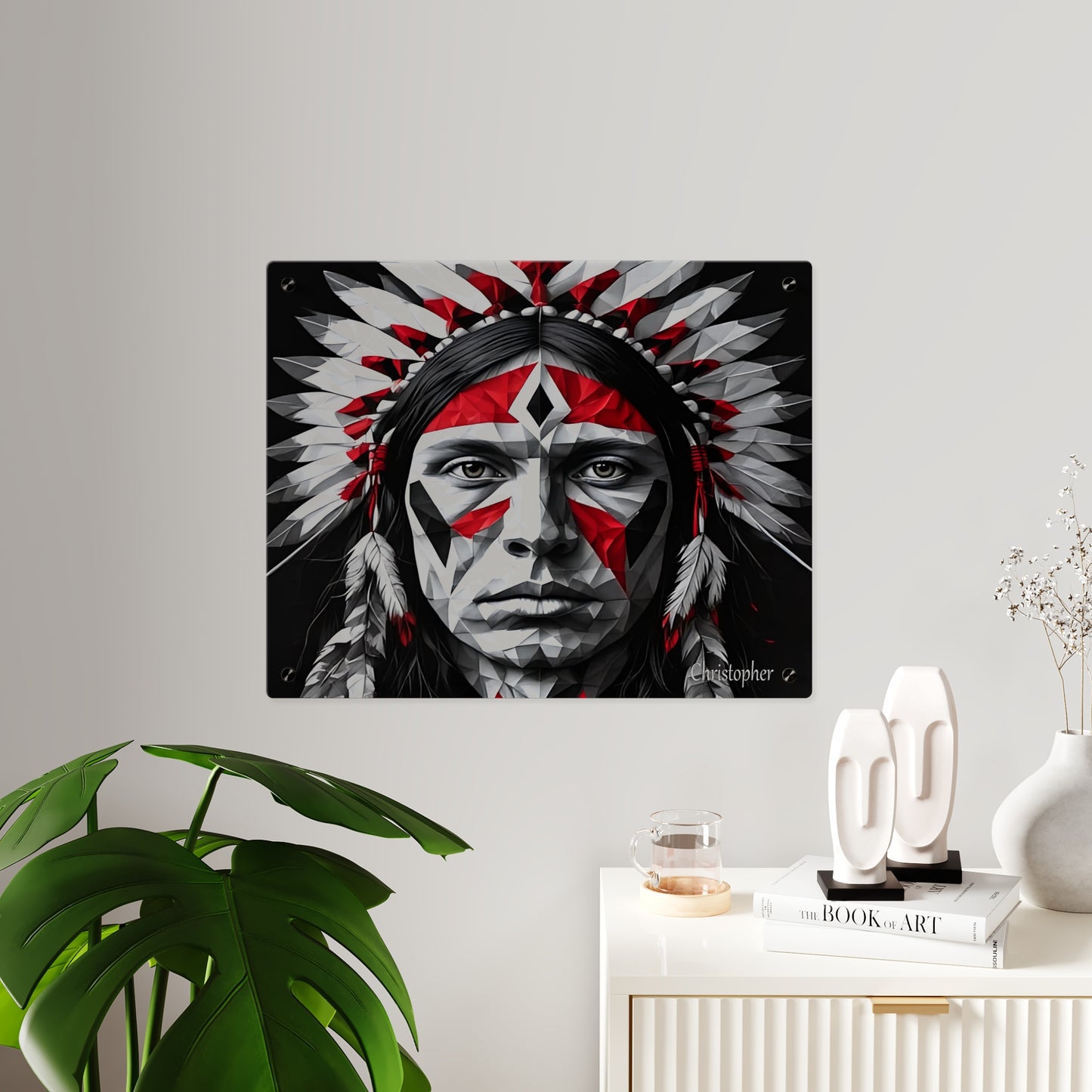 Acrylic Wall Art Panel — Geometric Indigenous Warrior Portrait (Red & Black)