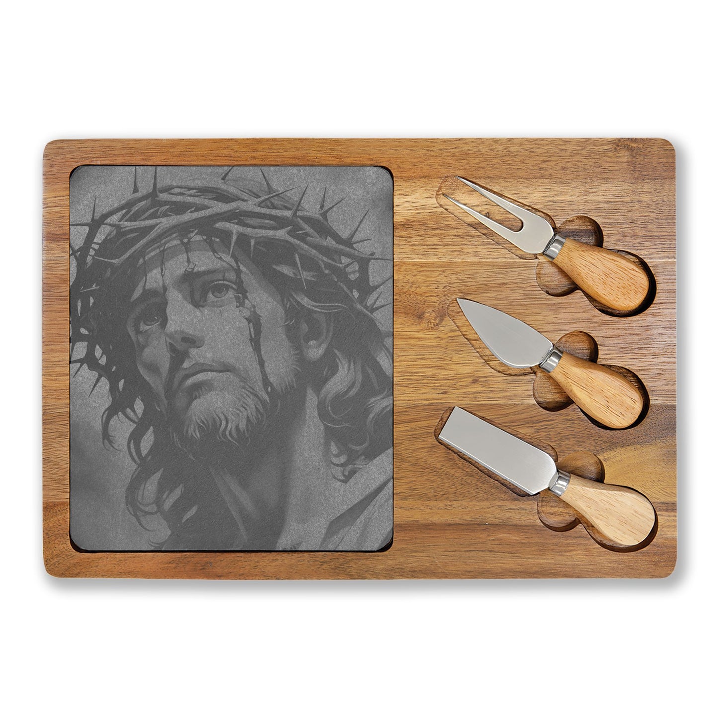 Engraved Jesus Charcuterie Board — Religious Acacia Serving Platter with Cheese Knives