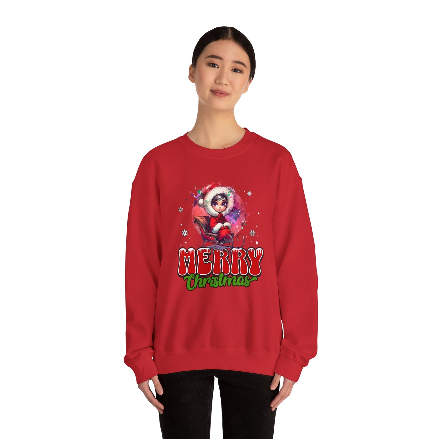 Christmas Crewneck Sweatshirt — Cute Santa Girl 'Merry Christmas' Holiday Pullover